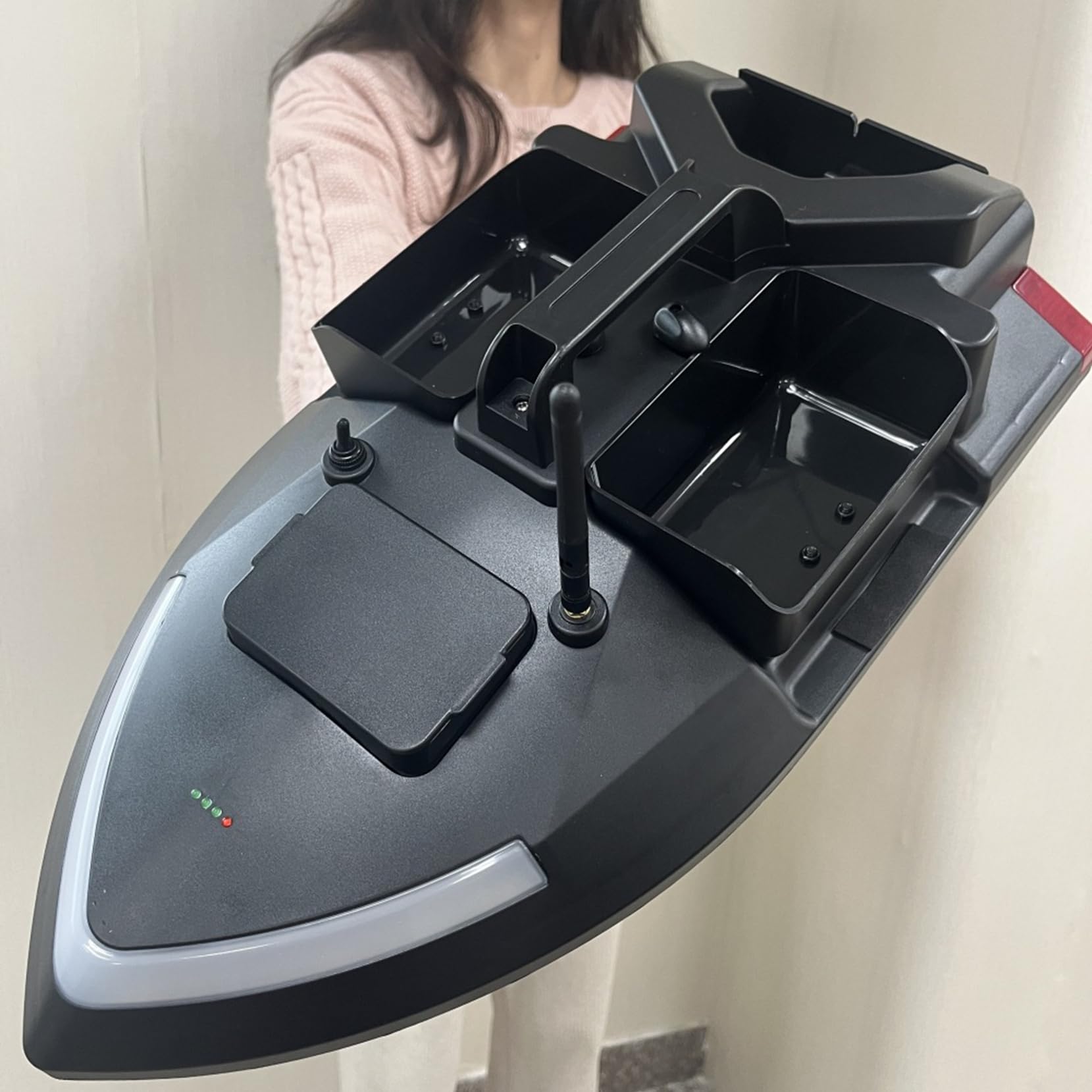 Barco de pesca inteligente GPS RC cebo, crucero automático, doble motor, tres tolvas, gran capacidad, luz nocturna LED, buscador de peces, barco, 12000 mAh (negro)