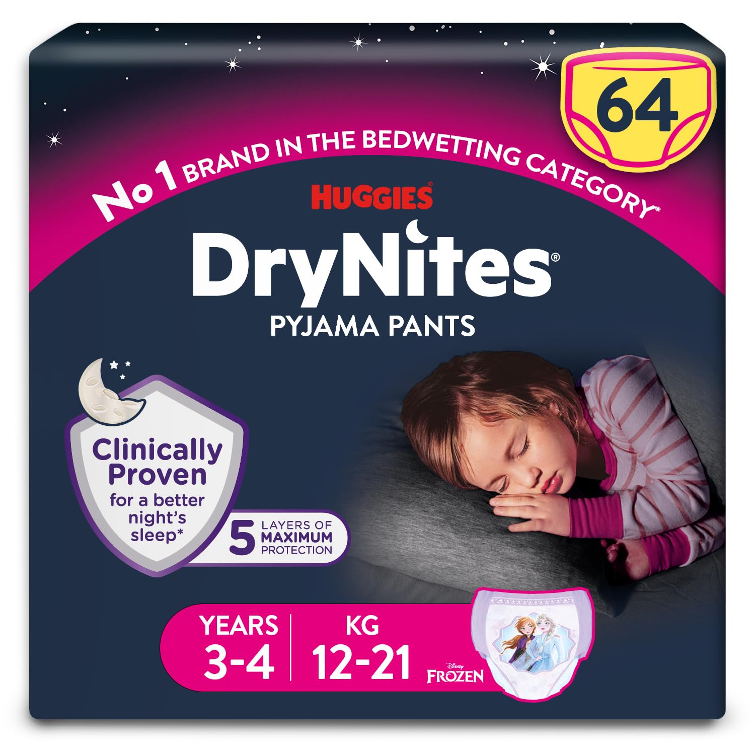 DryNites Pyjama Pants, Girl's 3-4 Years (12-21KG), 64 x Bedwetting Pants, Up to 100% Leak Free Nights
