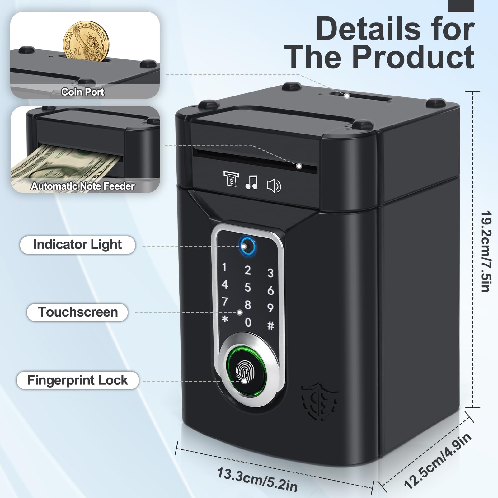 Highttoy Children's Electronic Money Box with Touchscreen and Fingerprint, Children's Games 3-12 Years Gift, Safe Cash Box, Black - 3