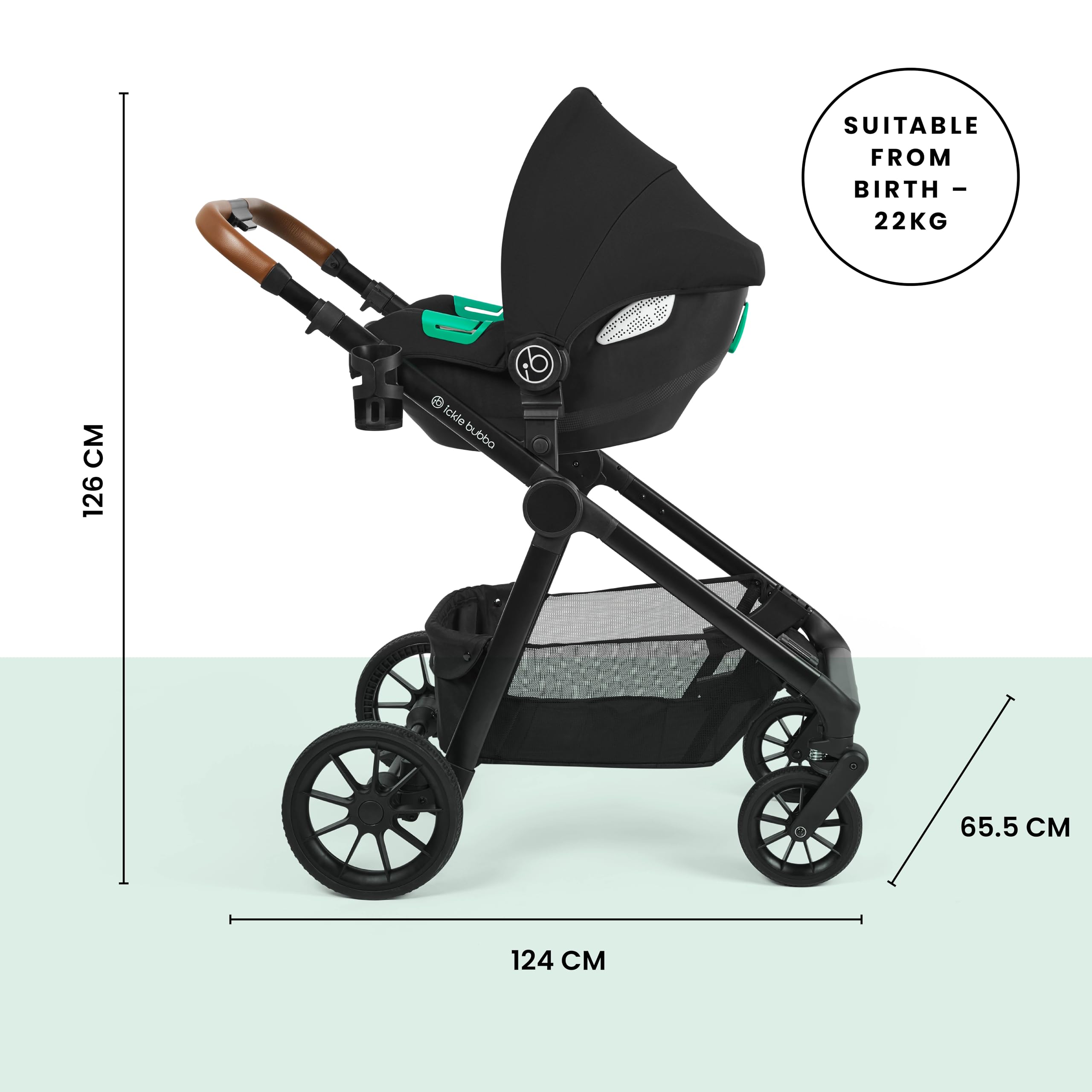 Ickle Bubba Virgo Twin Système de voyage 11 pièces – Convient dès la naissance, poussette tandem avec nacelle, chancelière et accessoires (noir)