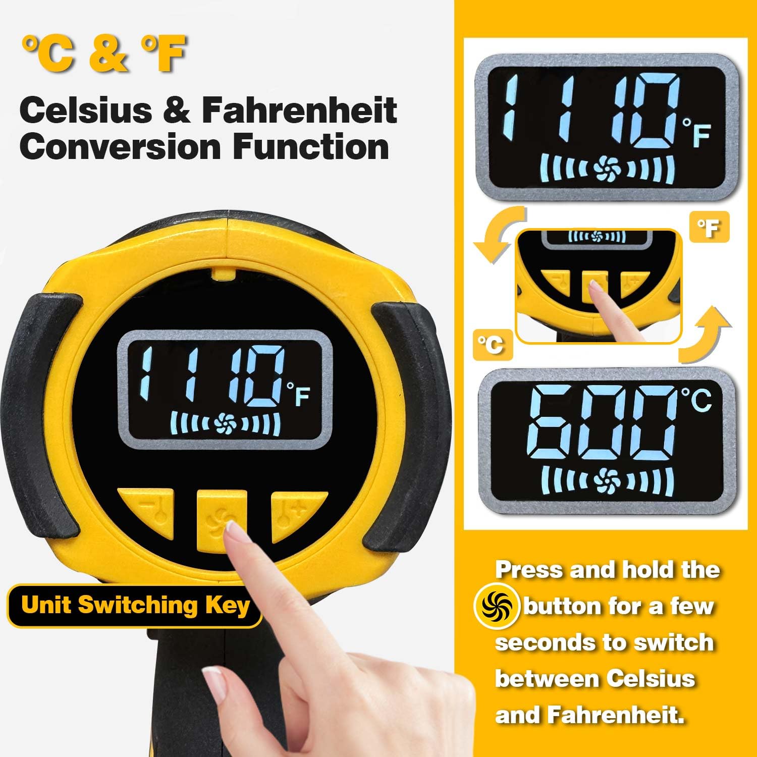 Bezprzewodowa opalarka kompatybilna z akumulatorem Dewalt 20 V, wyświetlacz LCD 350 W, ustawienie 2-temperaturowe (48.9 °C-598.9 °C), 4 dysze, przenośny pistolet na gorące powietrze do rur
