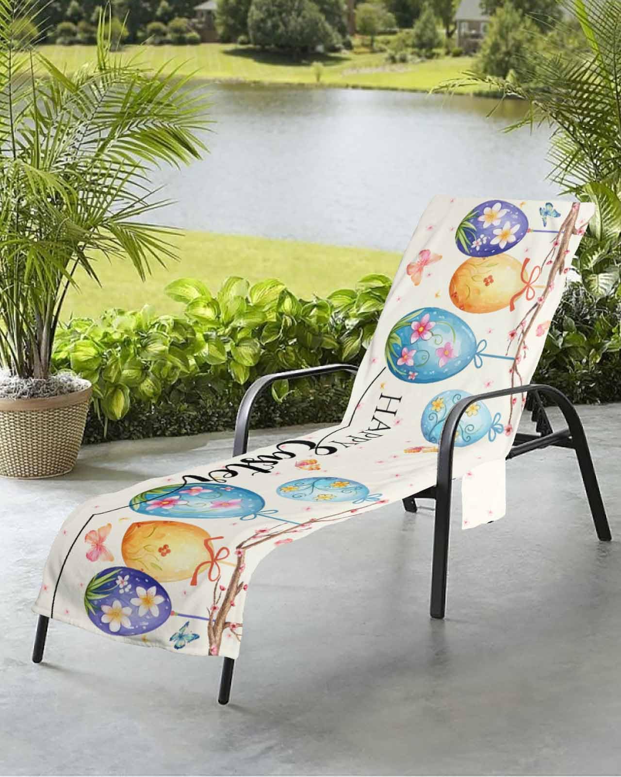 Easter Eggs Beach Chair Towel Covers for Chaise Lounge with Side Pocket, Soft Plush Pool Towels Cover for Patio Sunbathing Outdoor 29''x85'' Colorful Flower Spring Summer Seasonal Holiday