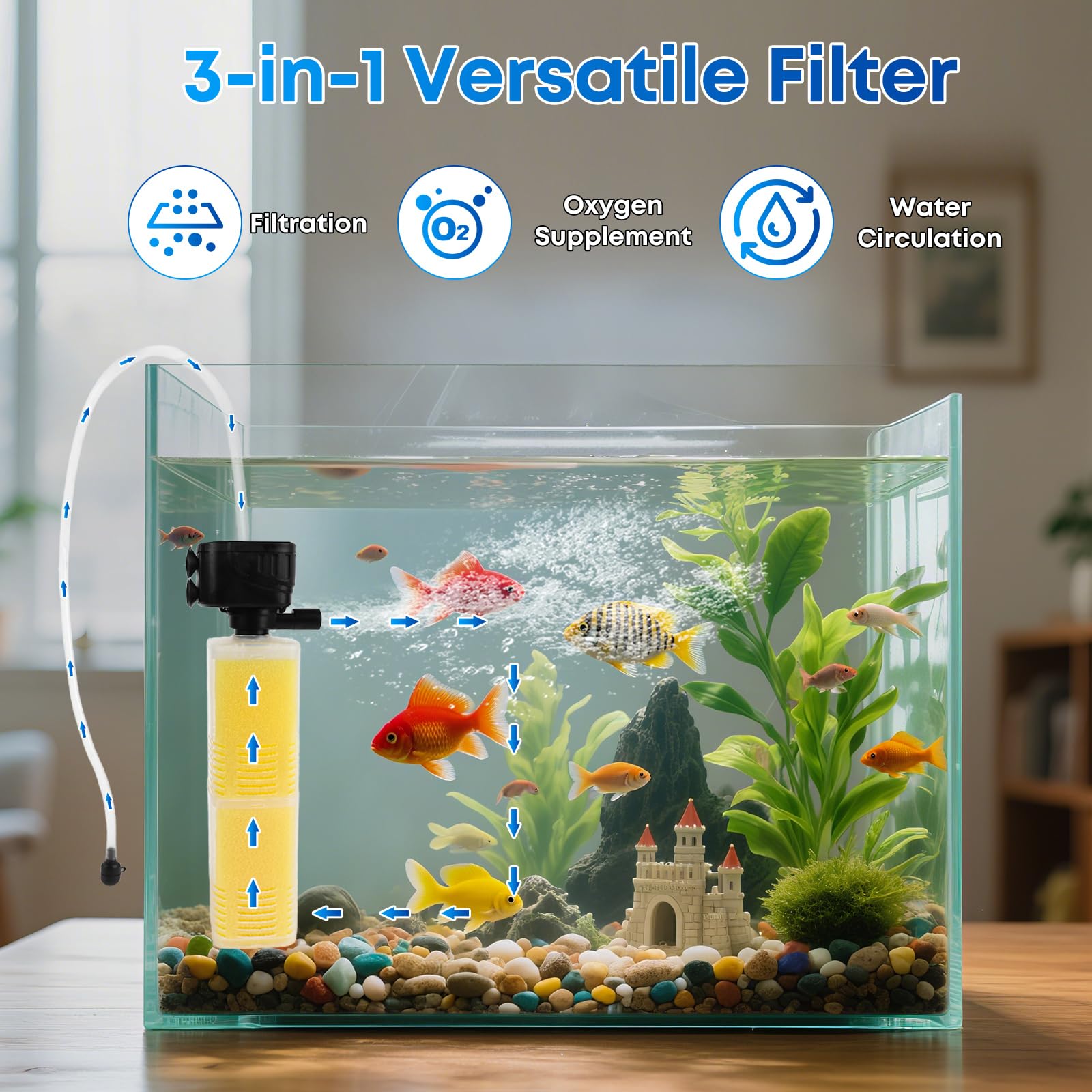 Filtre d'aquarium de 320 GPH pour aquarium de 40 à 500 litres, filtre interne submersible 4 en 1 avec filtration biochimique, pompe à eau puissante, alimentation en air et machine à vagues