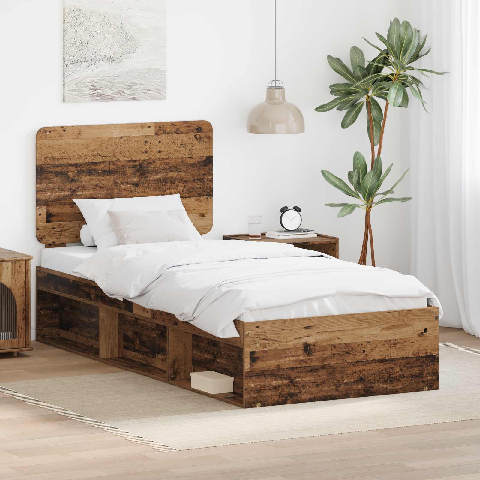 Bettrahmen 75 x 190 cm Altholz Kiefer massiv mit Lattenrost Modernes Design Robust und Langlebig für Jugendzimmer Erstwohnung und Gästezimmer