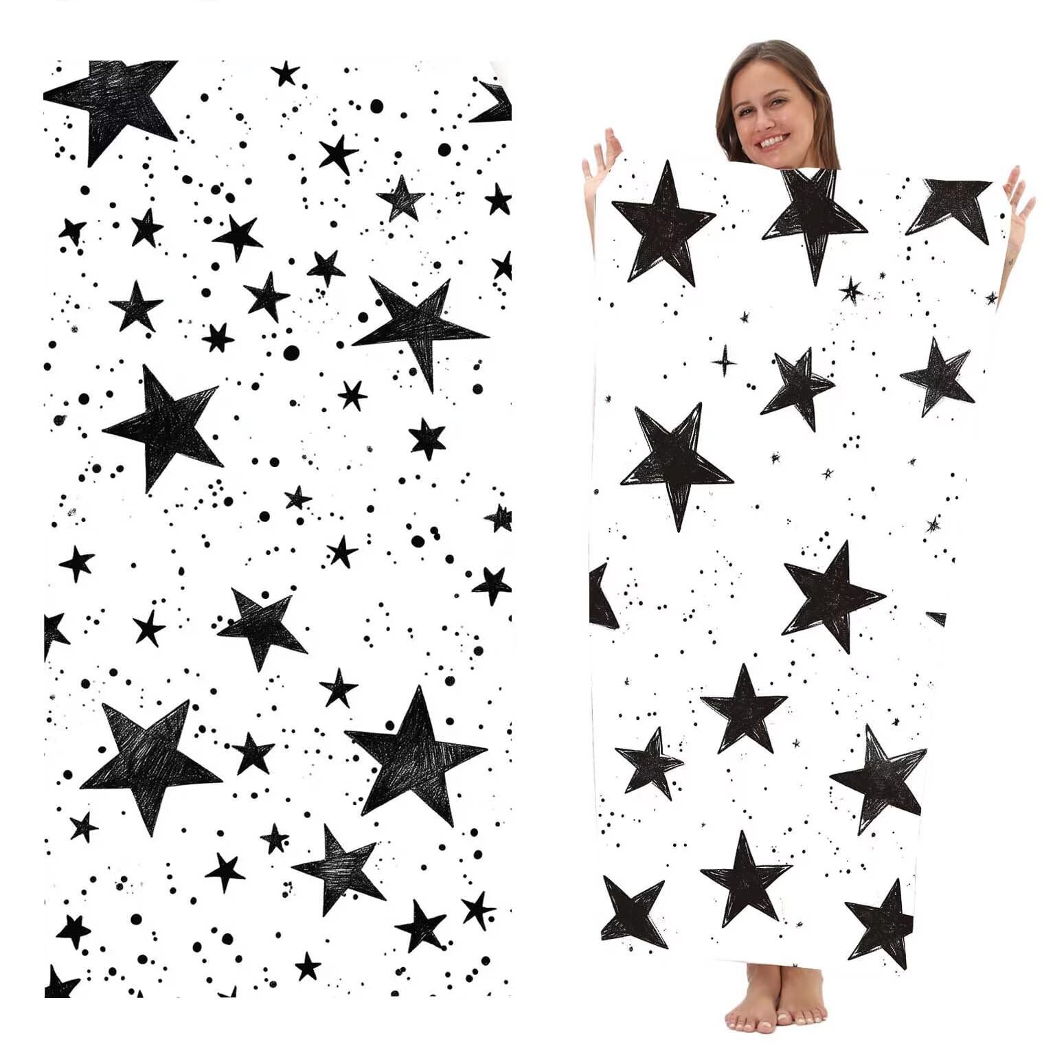 Toalla Playa Microfibra Grande Toallas Piscina Pareos Playa Mujer Antiarena Beach Towel Grandes XXL, Ligera Toallas Viaje Secado Manta de Piscina Para (90x180 cm, Estrellas En Blanco Y Negro) z-1185