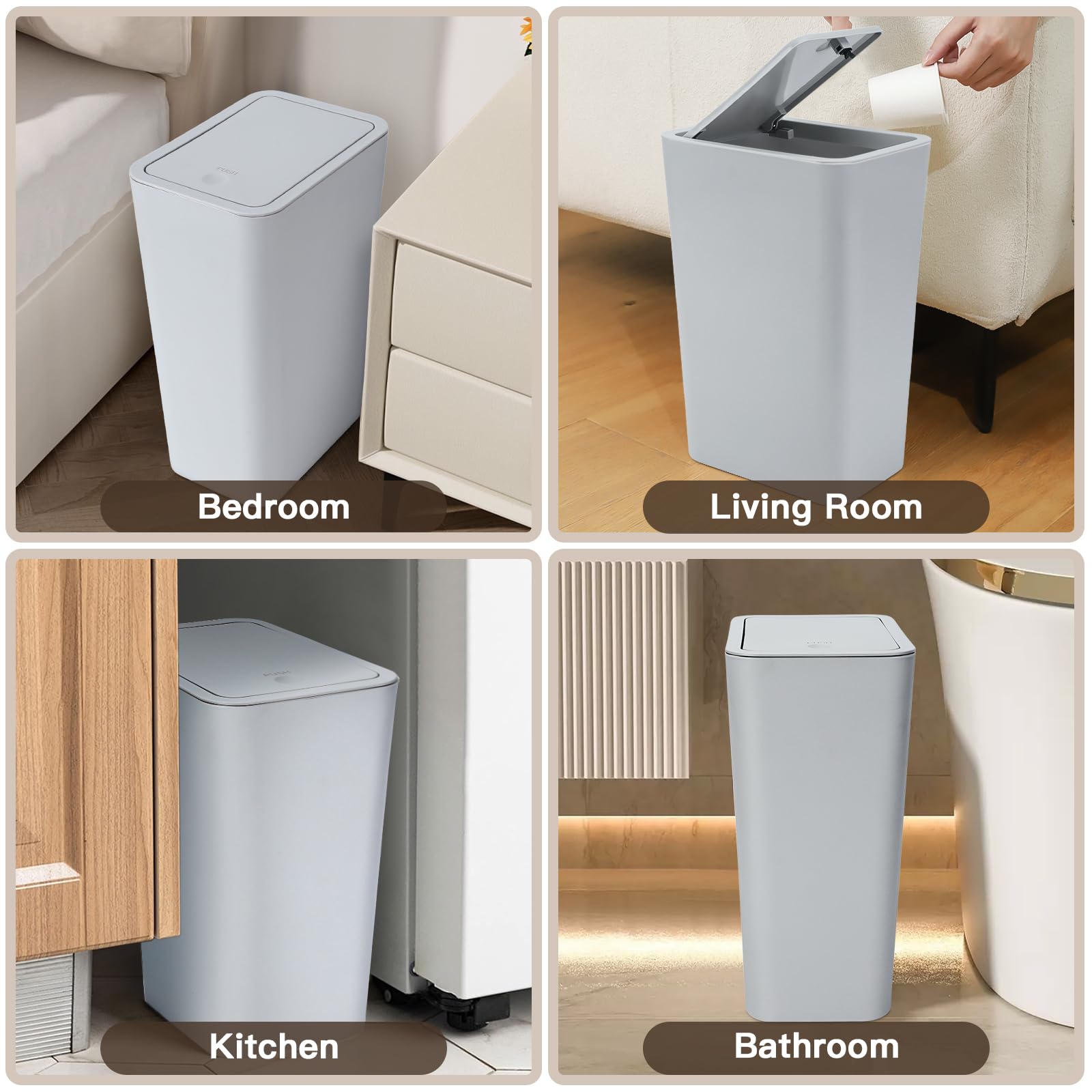 JOTOM Zestaw 3 mini koszy na śmieci do łazienki z pokrywką pop-up, 10 l, nowoczesny kosz na śmieci, nadaje się do salonu, sypialni, kuchni, WC, biura (kolor szary)