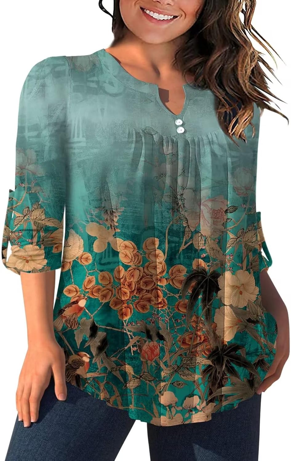AMCLOS Womens Tops Plus Size V Neck T-Shirts Blouses Casual Flowy Pleated Floral Tunic Long Roll Tab Sleeves - Image 3