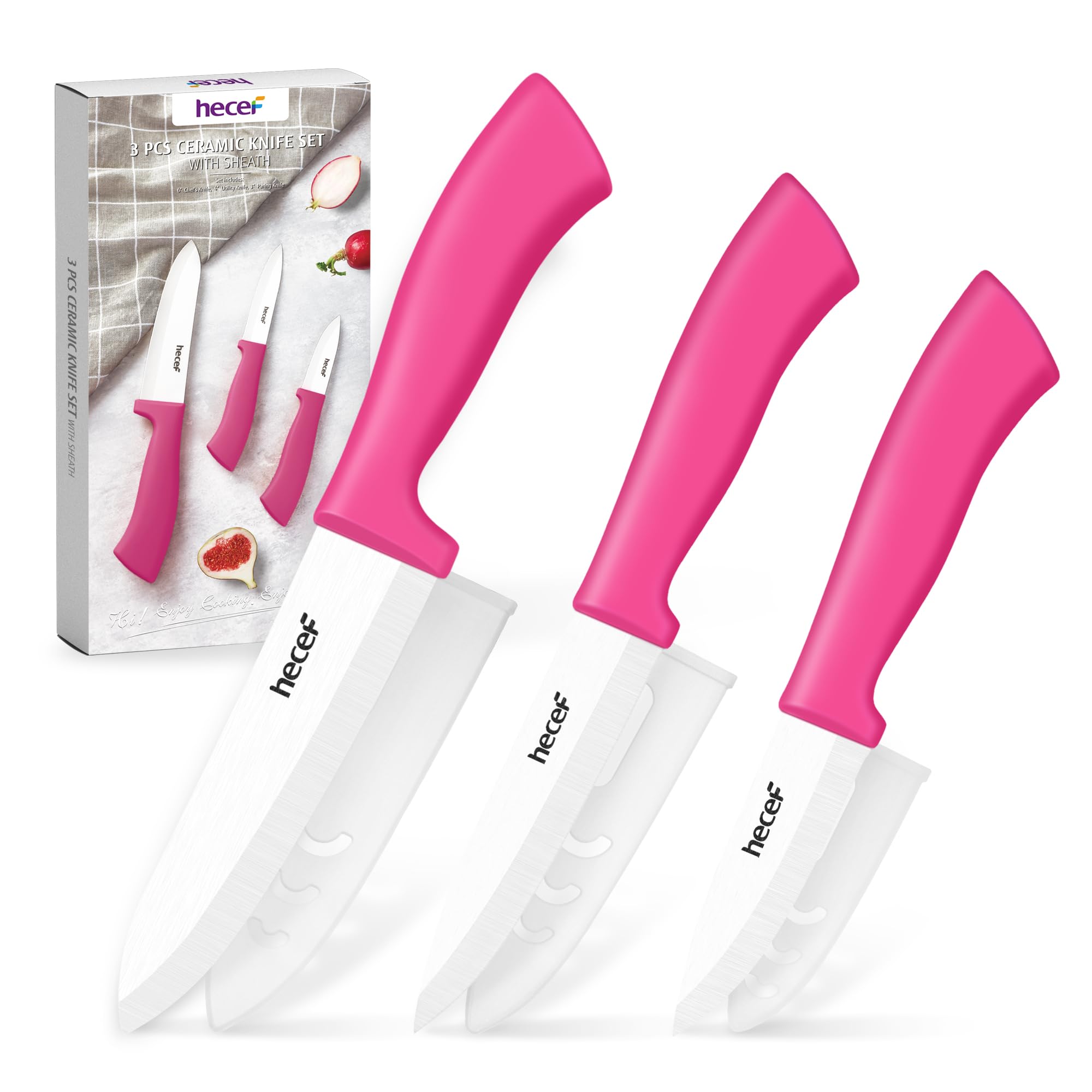 hecef 3 Piece Ceramic Knife Set - Chef Utility Paring Knives with Covers