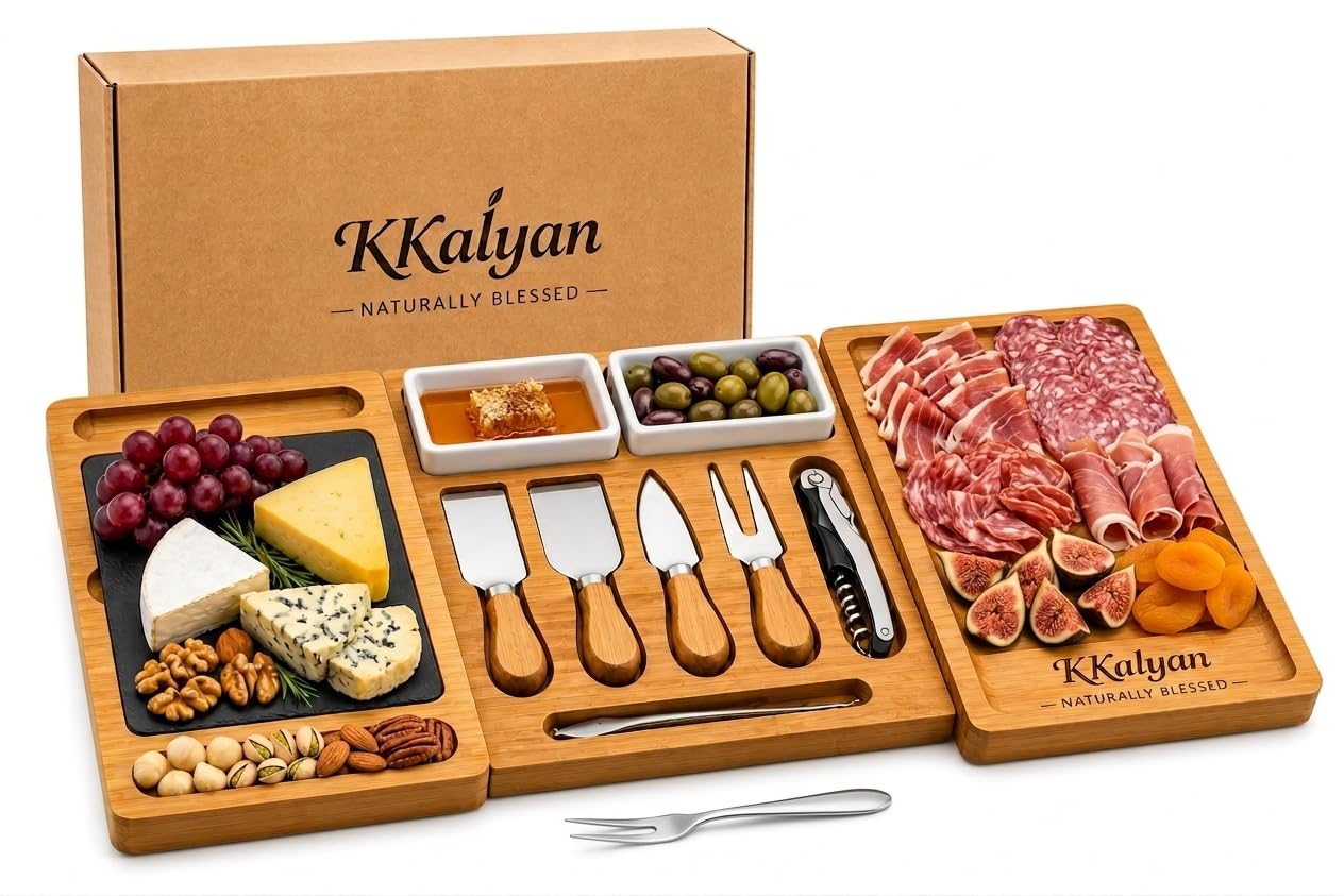 KKALYAN Planche Apero xxl Extensible en Bambou – Plateau Apéritif Dinatoire 6 à 8 Personnes avec Accessoires
