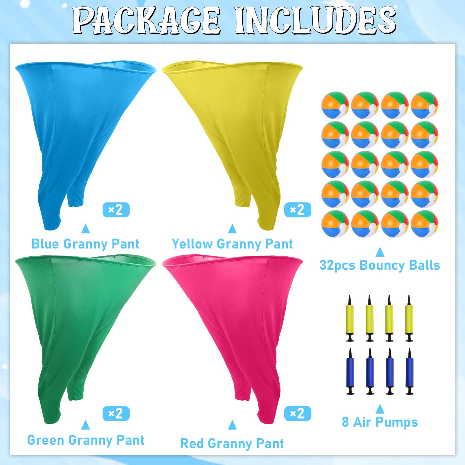 Confezione da 8 pantaloni giganti colorati per nonna, con 32 palline rimbalzanti e 8 pompe ad aria, divertenti giochi all'aperto per adulti, famiglia, cortile, prato, attività, carnevale, feste