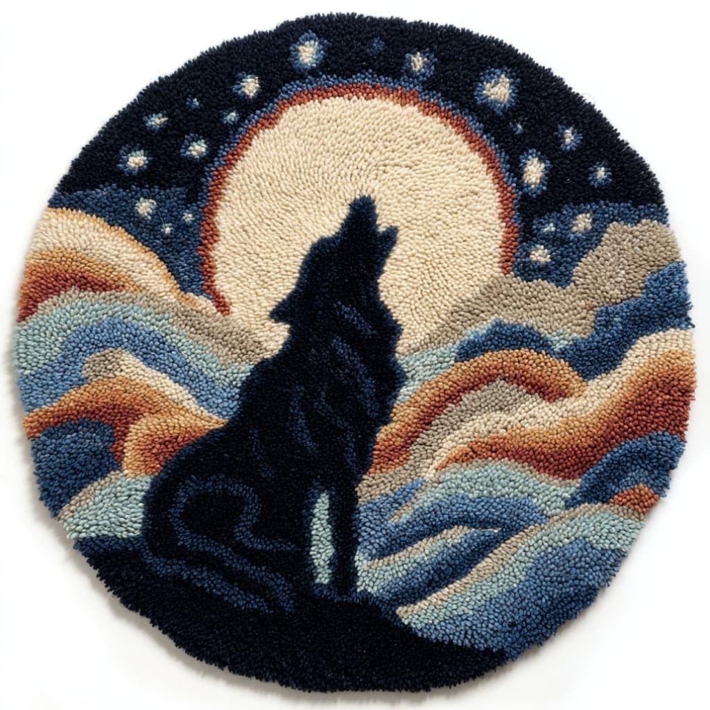 kitphoenix Round Shape Latch Hook Kits Rug Wolf DIY Cushion Rug Carpet Making Crochet Hook Kits Preprinted Pattern Canvas Cushion Yarn Hooking Kits Mat Kits 50X50Cm