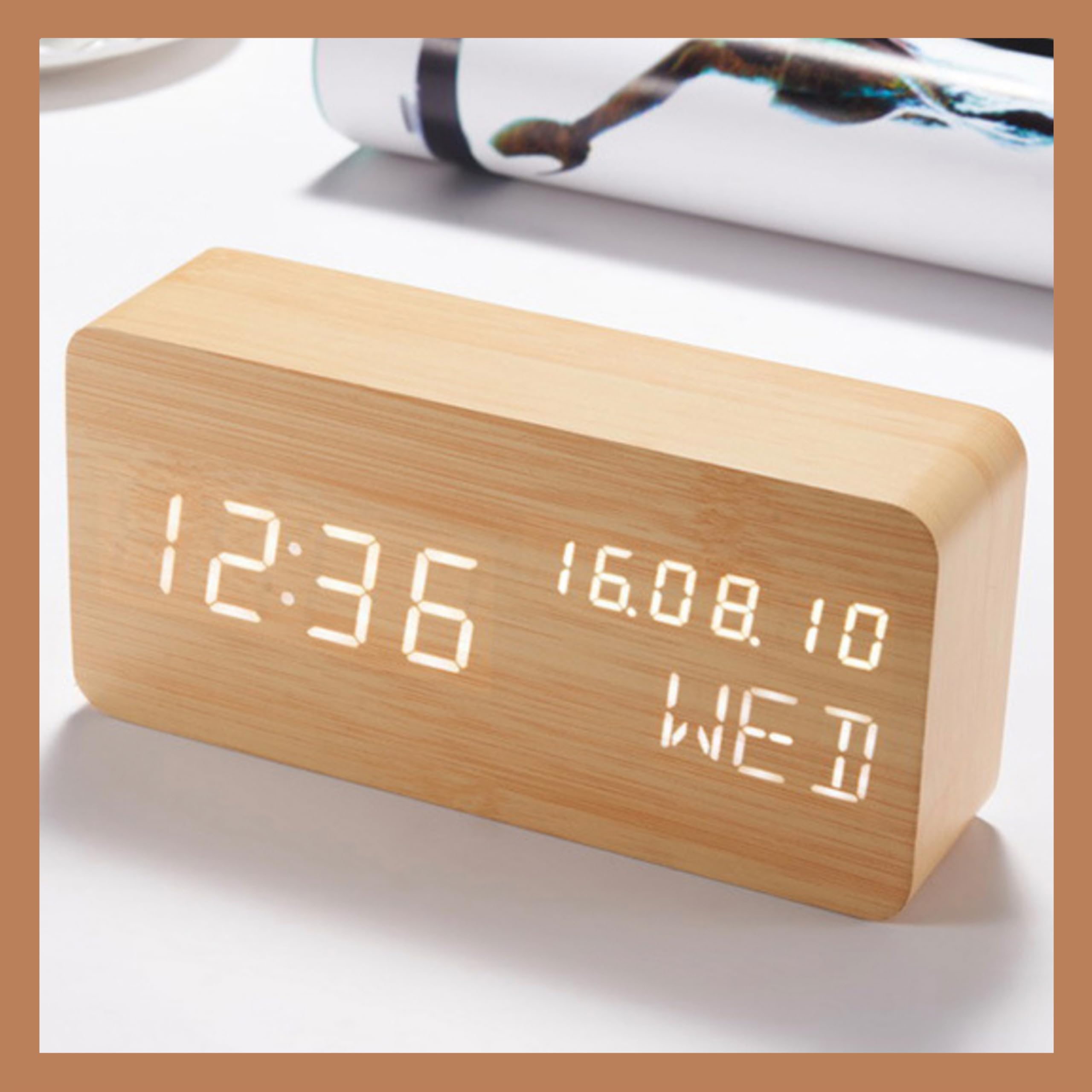 Wood Digital Alarm Clock Desk Time, Date(MM/DD/YY), Day of The Week, Temperature, Nightlight Large LED Display Portable Lamp Bedroom, Office, School, Home, Livingroom, Room (Bamboo)