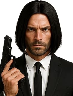Black Straight Long Wig for Mens Tieable Ponytail Shoulder Length Wig for Halloween Cosplay