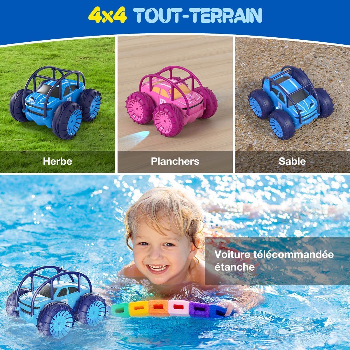ifollower Voiture Télécommandée à Charge Directe, 15 km/h 4WD Véhicule Amphibie Cascadeur, 2.4 GHz Rotation à 360° avec LED Colorée, Jouets Tout-Terrain, Cadeaux pour Enfants de 3-12 Ans