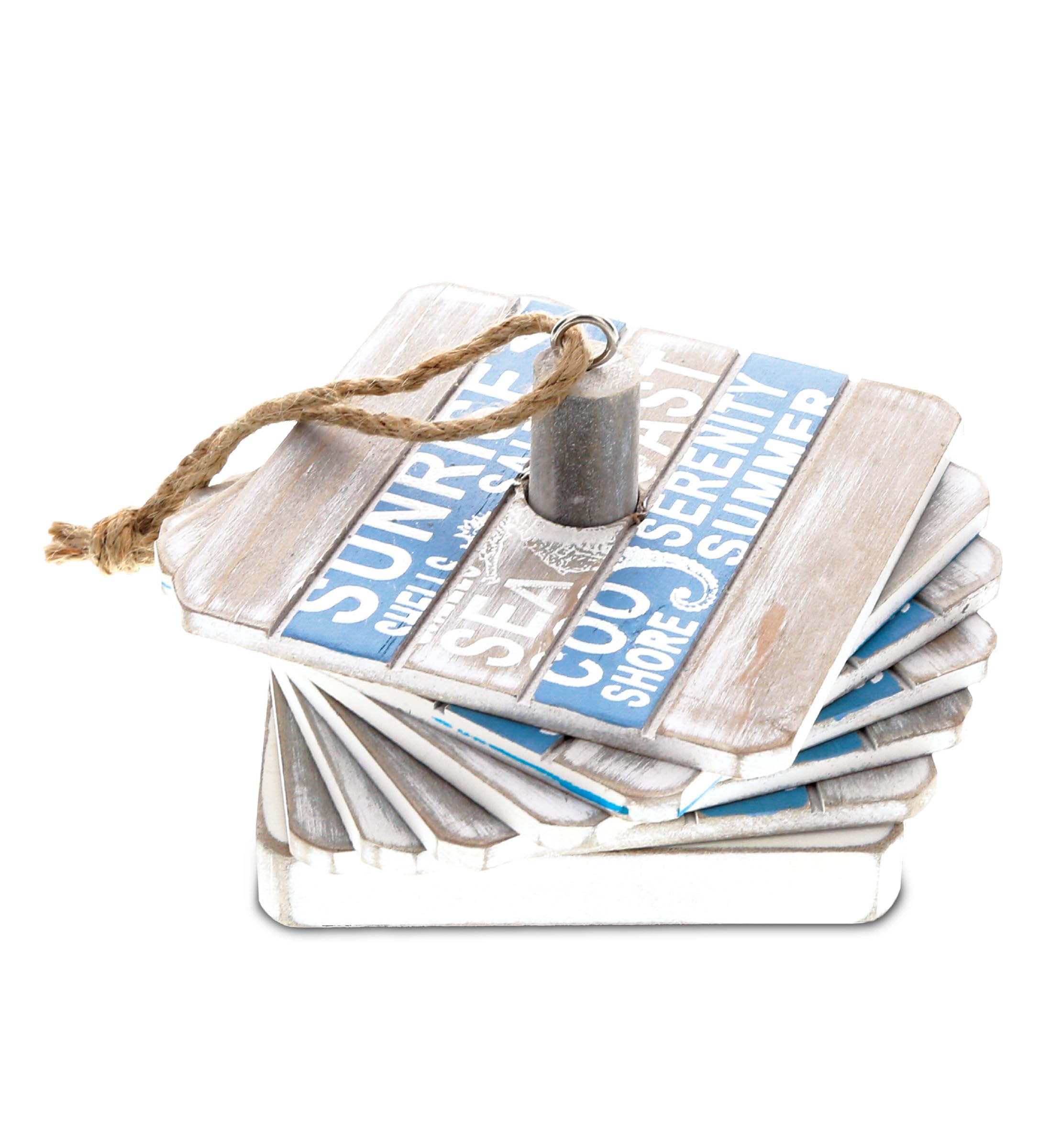 CoTa GlobalAqua Sky Nautical Wooden Coaster Set - Rustic Square Coaster Set with Holder, Cute Beach Theme Drink Coasters Set for Spill and Scratch Free Tabletop - 6 Coasters and 1 Holder Set