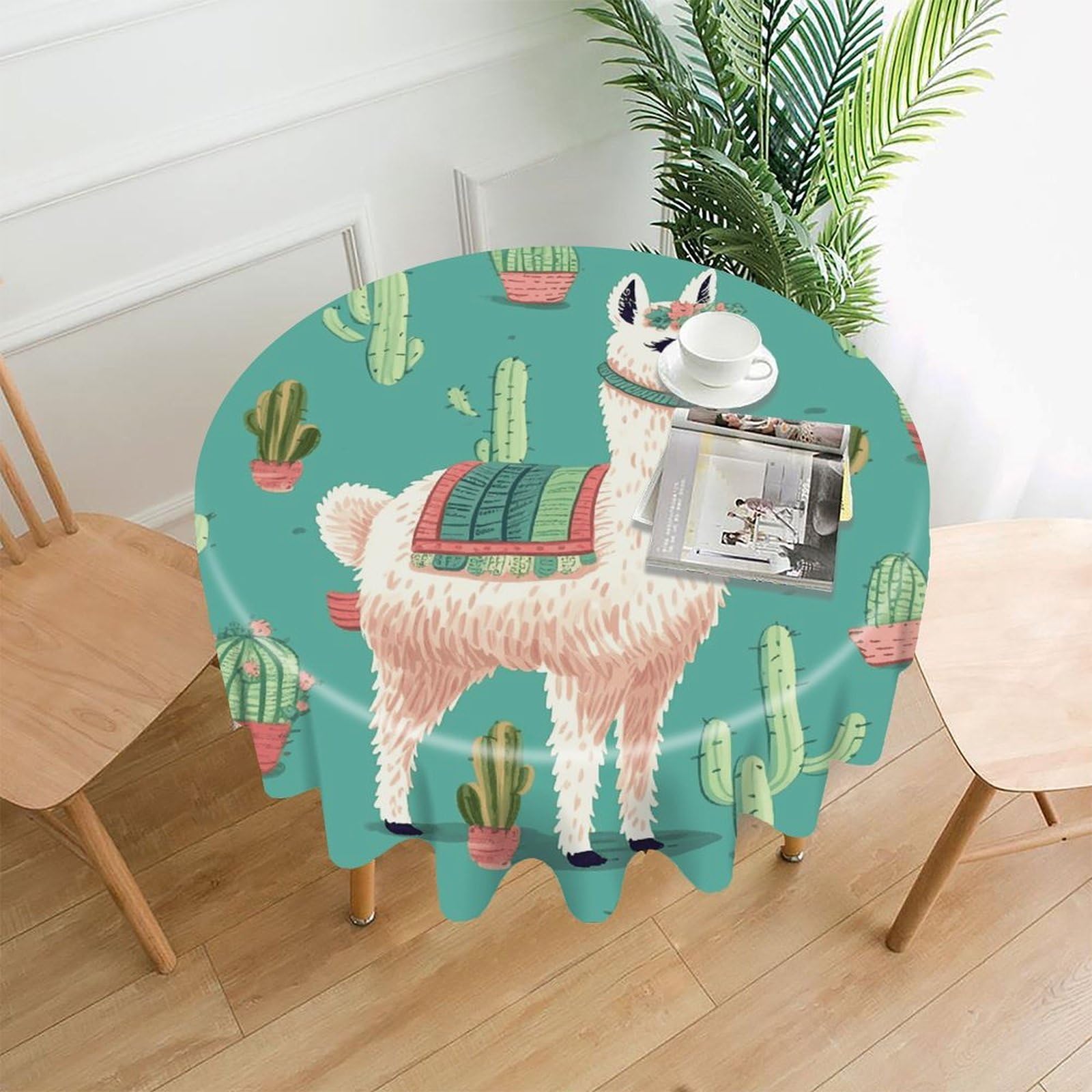 FekiLoot Round Alpaca Cactus Tablecloth Decorative Fabric Table Cloth Wrinkle Free Circle Dining Tablecover Washable Polyester Table Cover for Holiday Dinner Party Decor 60"