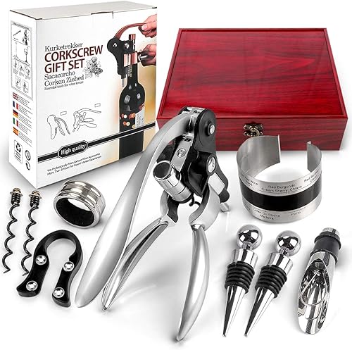 Juego de sacacorchos para abrebotellas de vino, juego de 9 accesorios de vino en caja de madera brillante, kit de abridor de vino con tapón de vino,