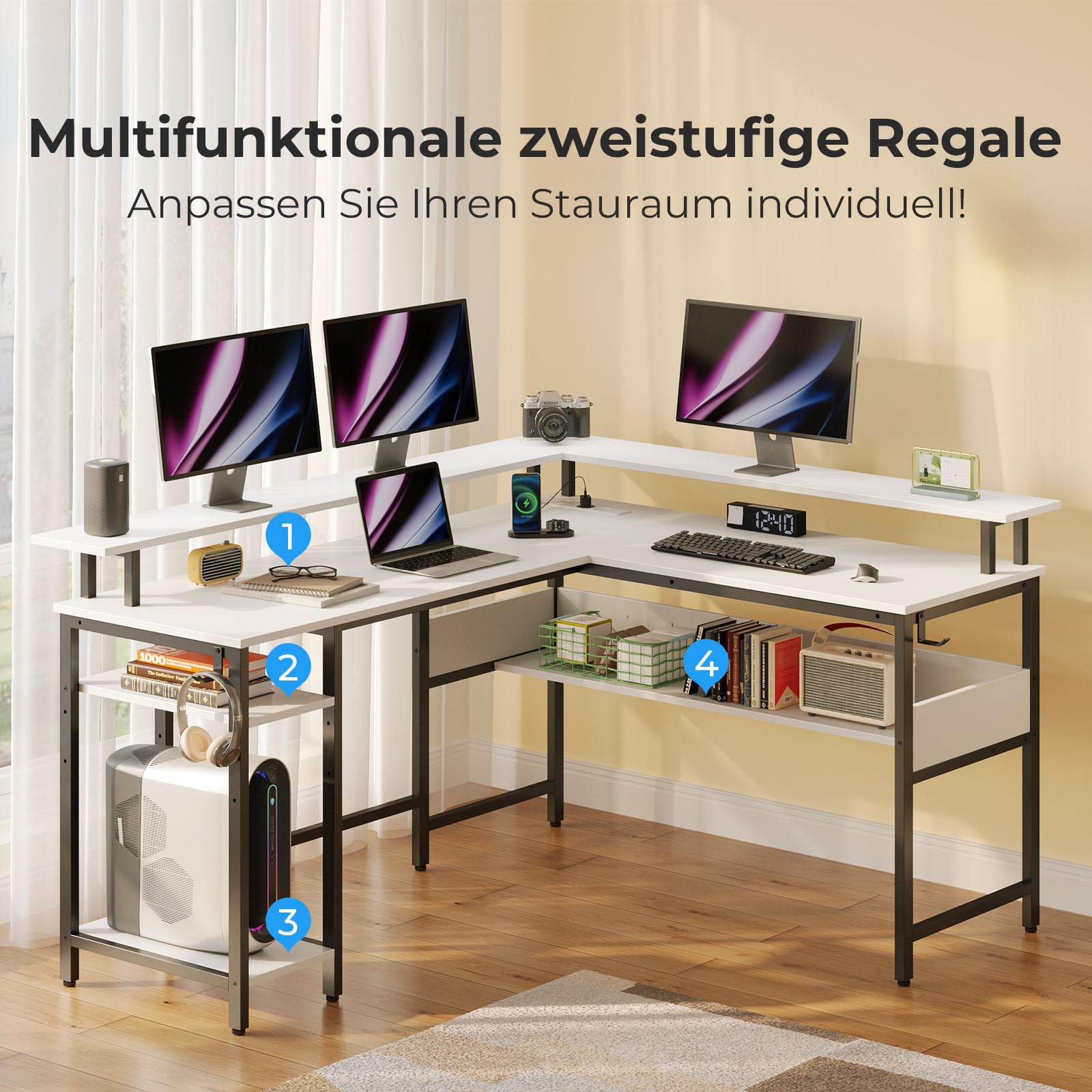 Rolanstar Gaming Schreibtisch L Form mit LED & Steckdosen, Gaming Tisch mit Monitorständer & Ablagefläche, Eckschreibtisch mit 2 Haken, Reversibler Computertisch Groß für Büro(weiß, 137 x 108cm)