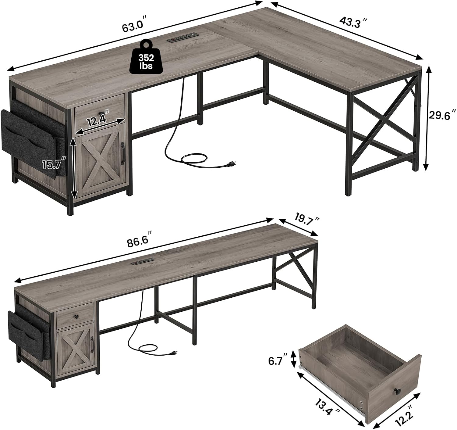 SEDETA 63" L Shaped Desk, Convertible Corner Office Desk with Drawer, Farmhouse Computer Desk with Power Strip & Storage Cabinet for Home Office, Grey
