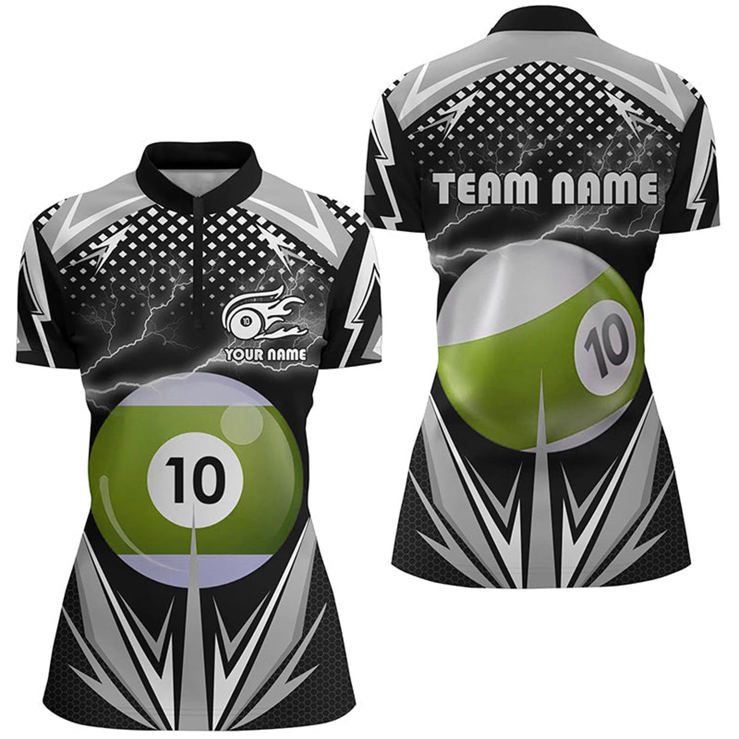 Personalized Thunder Black 10 Ball Billiard 3D Quarter Zip Shirts for Women 10 Ball Billiard Jerseys V0966