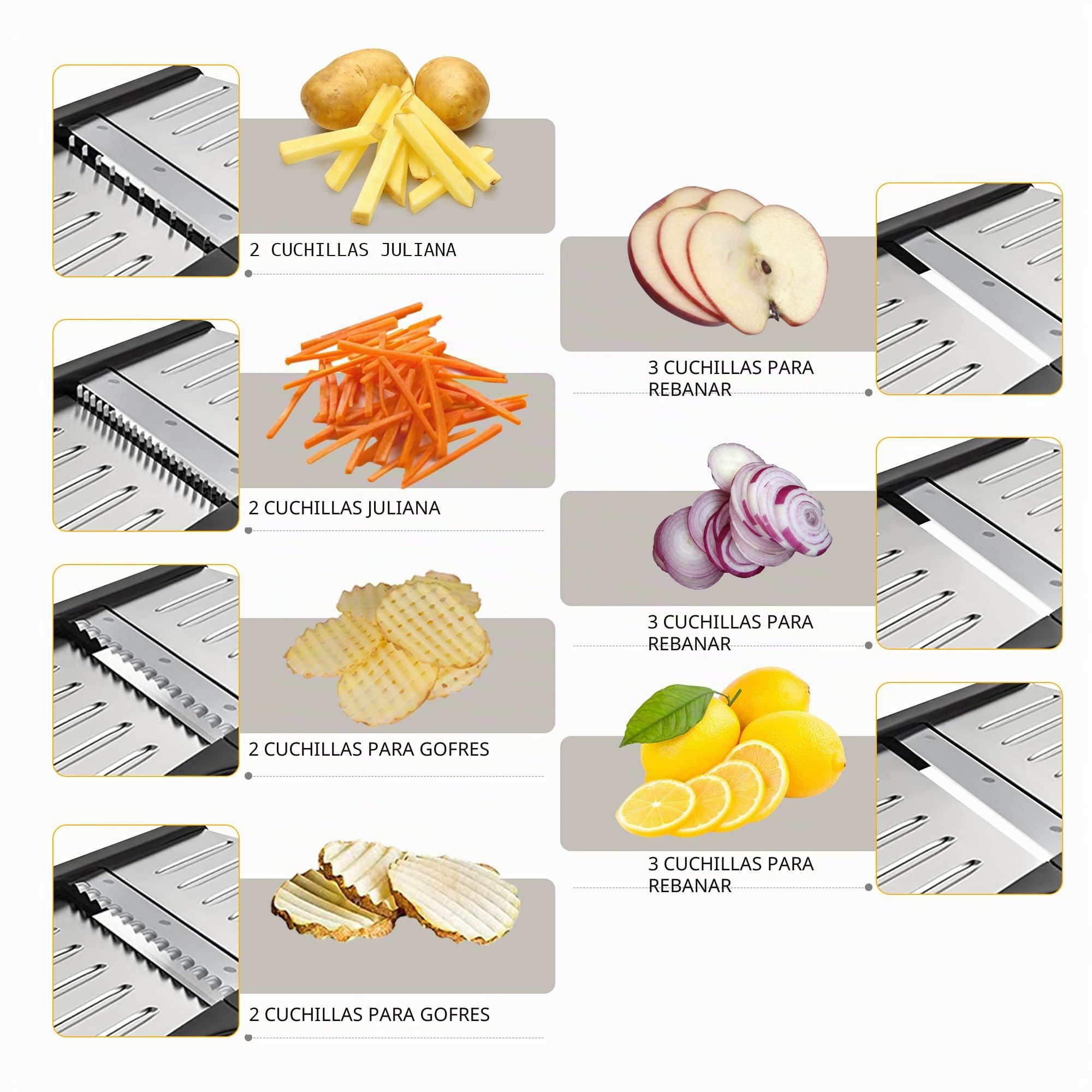 Mandolina cortadora de cocina ajustable de acero inoxidable para verduras, cebolla, patatas, panqueques, patatas, panqueques, hoja ajustable 7 en 1, incluye 1 par de guantes