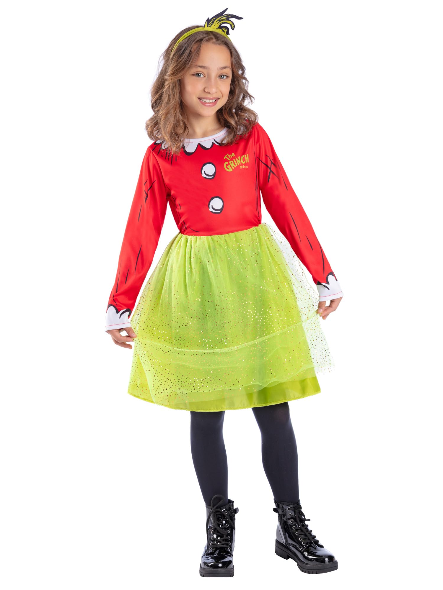 Smiffys Dr. Seuss The Grinch Santa Girls Costume, Official Licensed Fancy Dress Outfit with Festive Red and Green Dress & Matching Headband, Christmas Party & Book Character Dress Up, Small