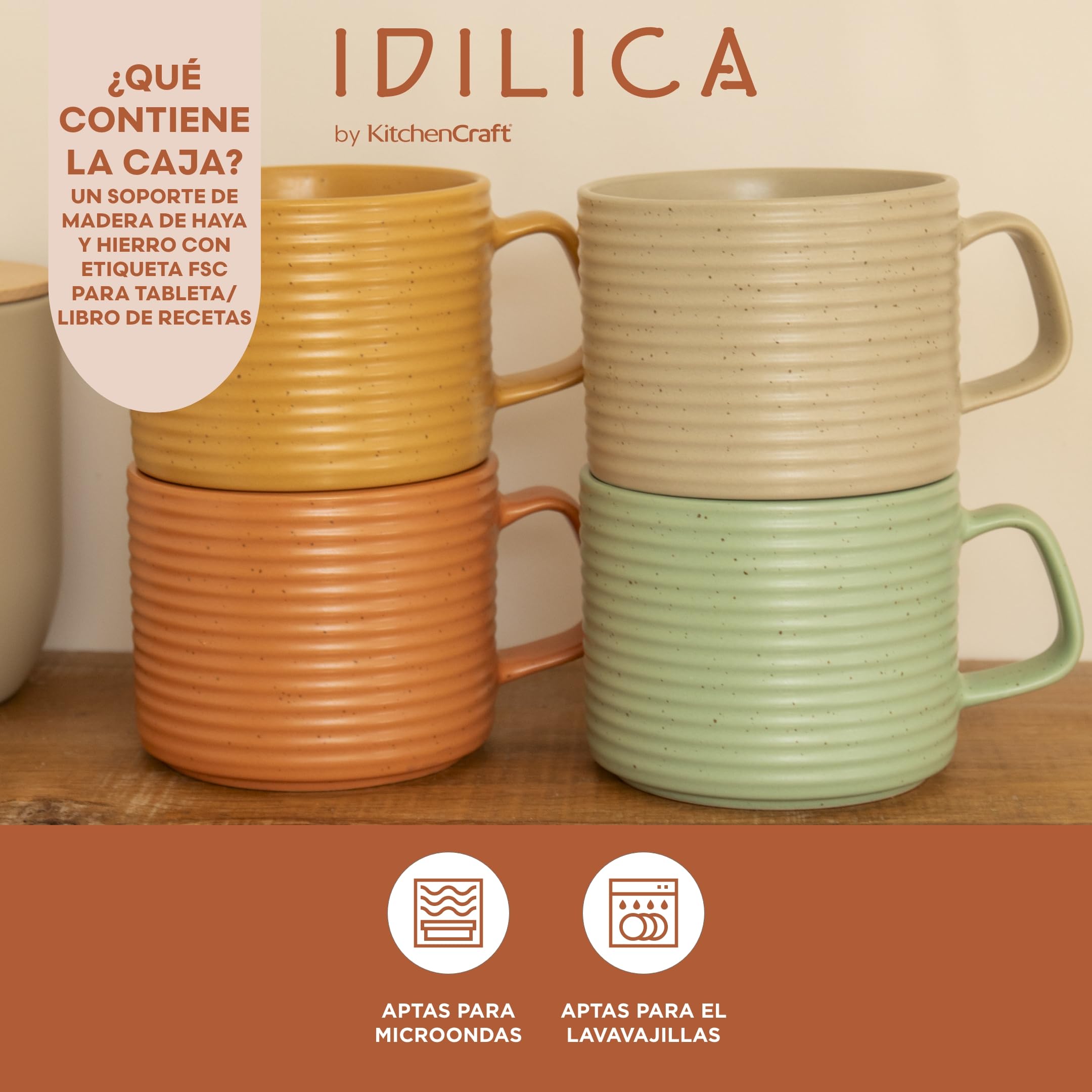 KitchenCraft Idilica Tazas de Gres Apilables, Juego de Cuatro Tazas de Café Apilables, Multicolor, 4ml de Capacidad, Aptas para Lavavajillas y Microondas