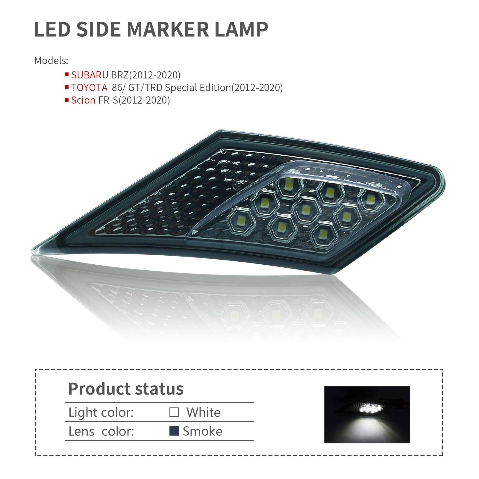 MFC PRO OEM SMD Led Technology ECE Side Marker Lamp for TOYOTA 86 / GT86 / BRZ/for Scion FR-S 2012-2022 (Smoke Lens with White Light)