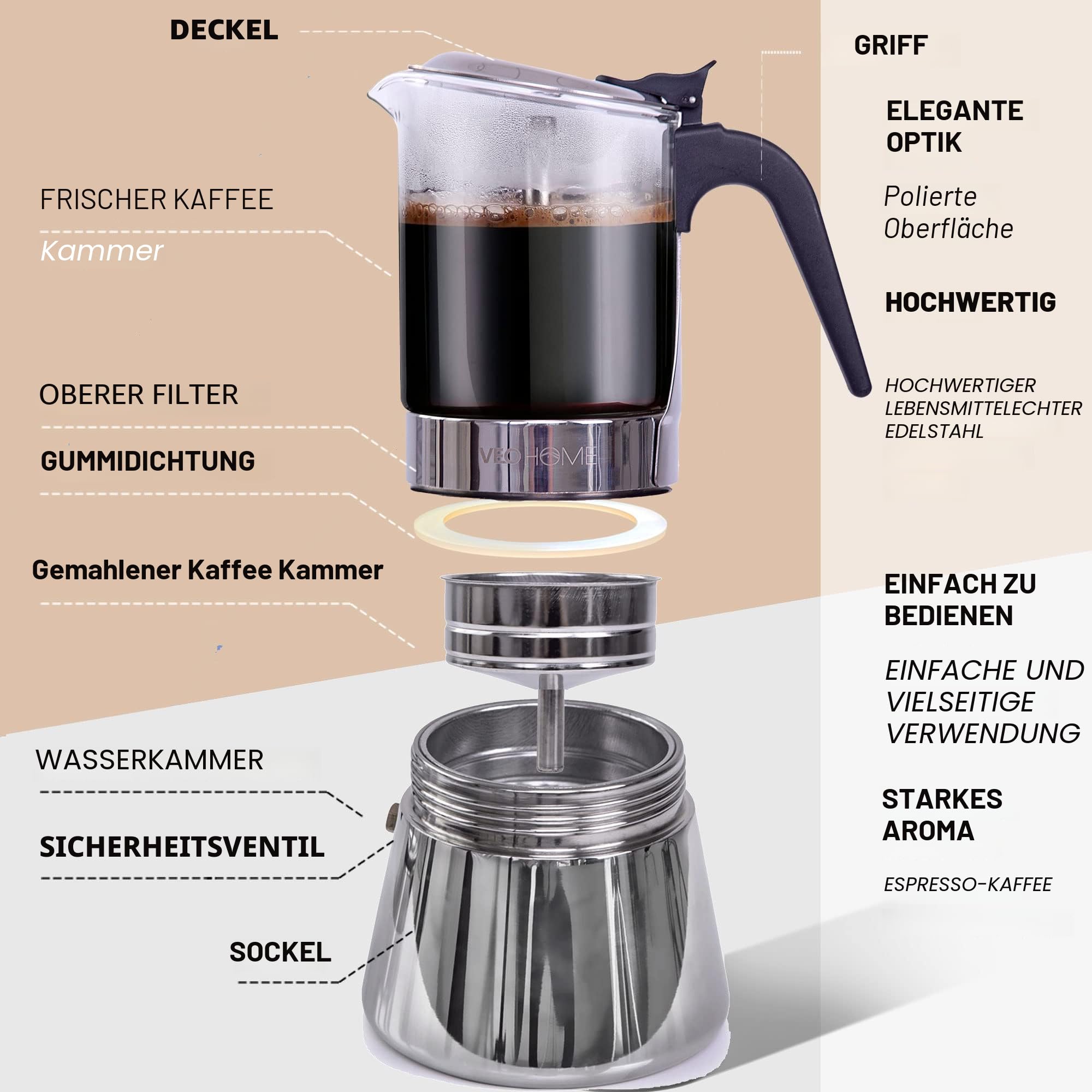 VeoHome Espressokocher Klassisch italienische Perkolator-Mokakanne 360 ml - luxuriöses Kristallglas und rostfreier Stahl