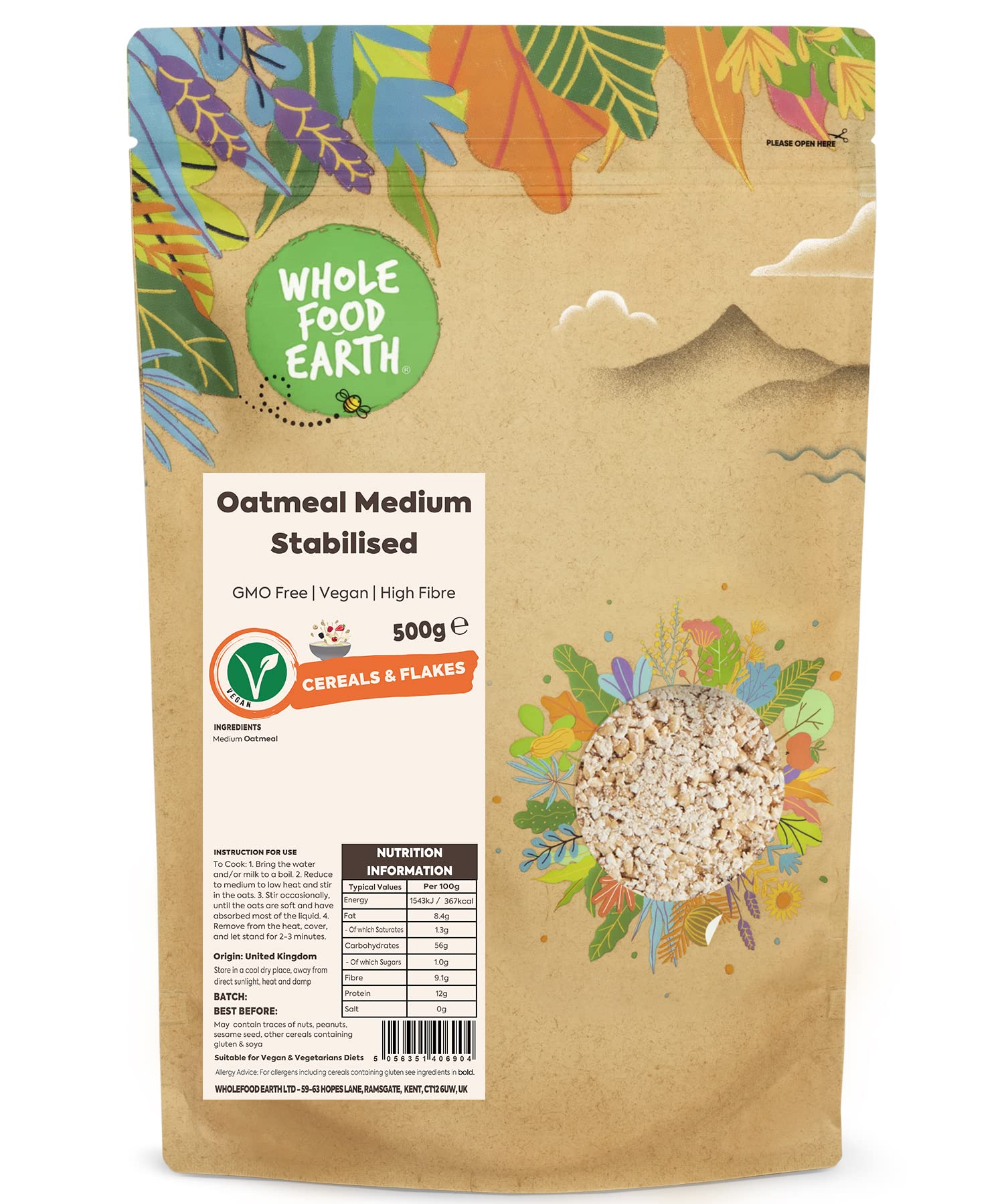 Wholefood Earth Oatmeal Medium Stabilised 500 g | GMO Free | High Fibre