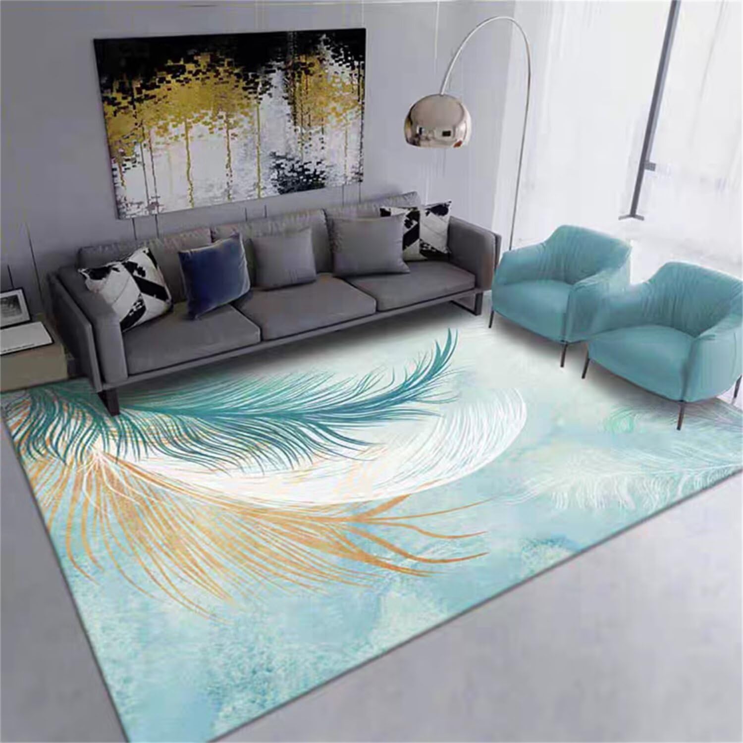 Tapis de chambre ado bleu 60x90cm antidérapant en plumes