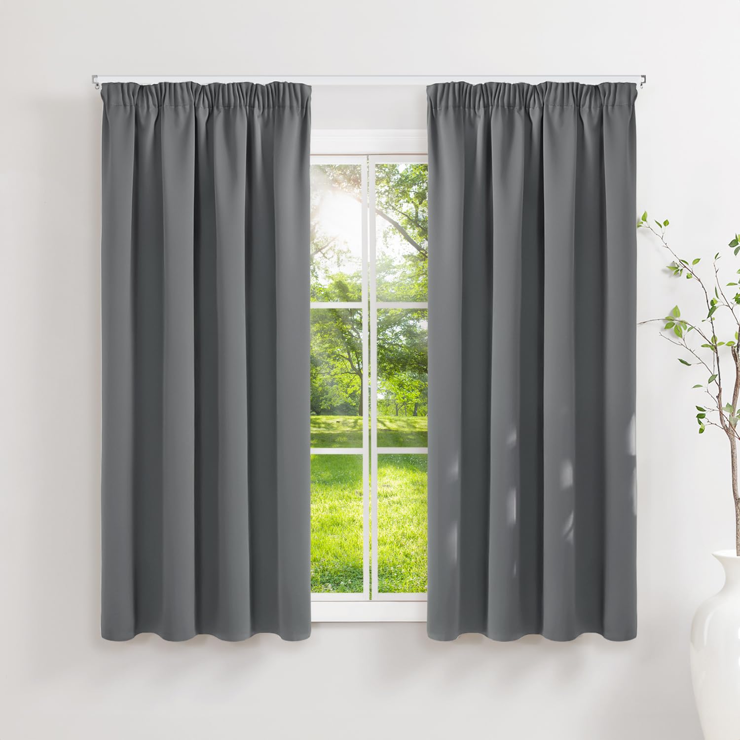 Runyéla Pencil Pleat Blackout Curtains for Bedroom Grey Thermal Curtain 46 x 54 Inch Drop Kitchen Living Room 2 Panels Light Gray