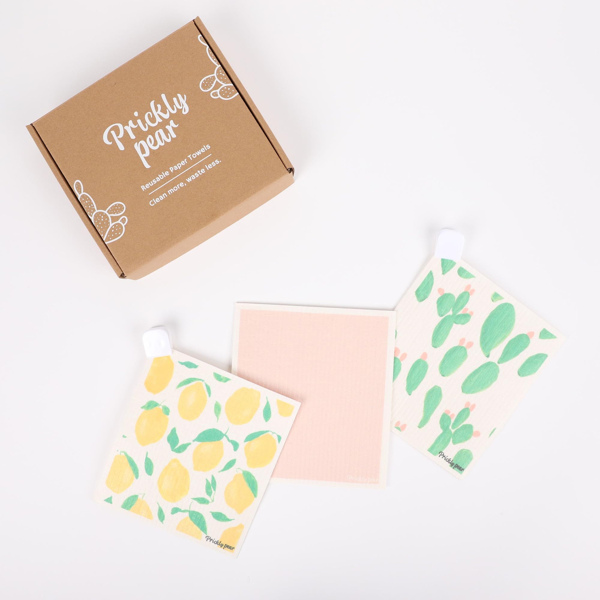 Prickly Pear Reusable Paper Towels Washable - 3 Pack Wash Cloths Kitchen with Hanging Clips | Thick and Super Absorbent Kitchen Cloths for Cleaning Counters | Non-Scratch, Biodegradable