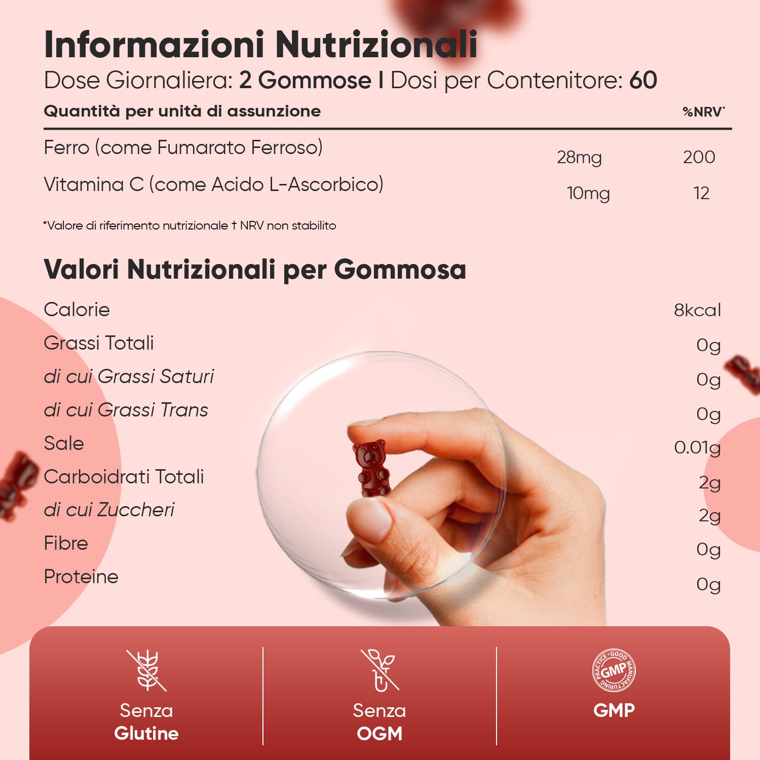 Integratore Ferro e Vitamina C in 120 Caramelle Gommose Vegane (Scorta 2 Mesi), 38mg di Ferro Integratore (Fumarato Ferroso) con Vitamina C (Acido L-Ascorbico), Gusto Naturale di Pesca, Senza Glutine