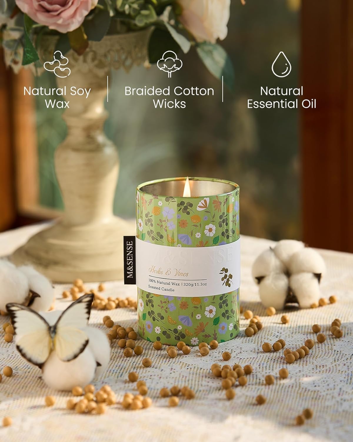 M&SENSE Spring Pear Rose Scented Candle, Medium Jar Candle 11.3oz Natural Soy Wax for Home Scented, Floral Candles Gift for Spring Holiday, Up to 60 Hours Burning Long-Lasting Fragrance