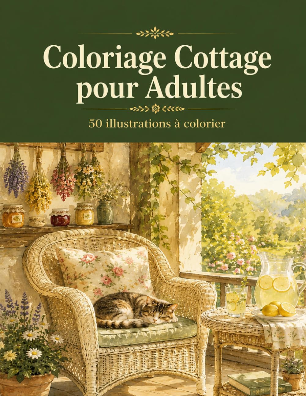 Coloriage Cottage pour Adultes: 50 illustrations à colorier, esprit maison de campagne : chats, jardins fleuris et scènes chaleureuses pour se détendre (une illustration par page)