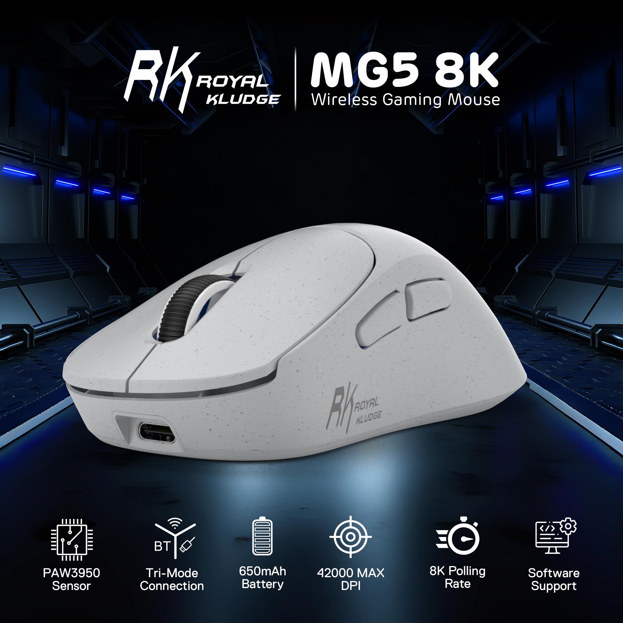RK ROYAL KLUDGE MG5 8K bezprzewodowa mysz gier, czujnik PAW3950 42K DPI, lekka 54g, ergonomiczna, podwójna częstotliwość próbkowania 8kHz,2,4G/BT/USB-C, 100M kliknięć, kompatybilność systemami Win/Mac