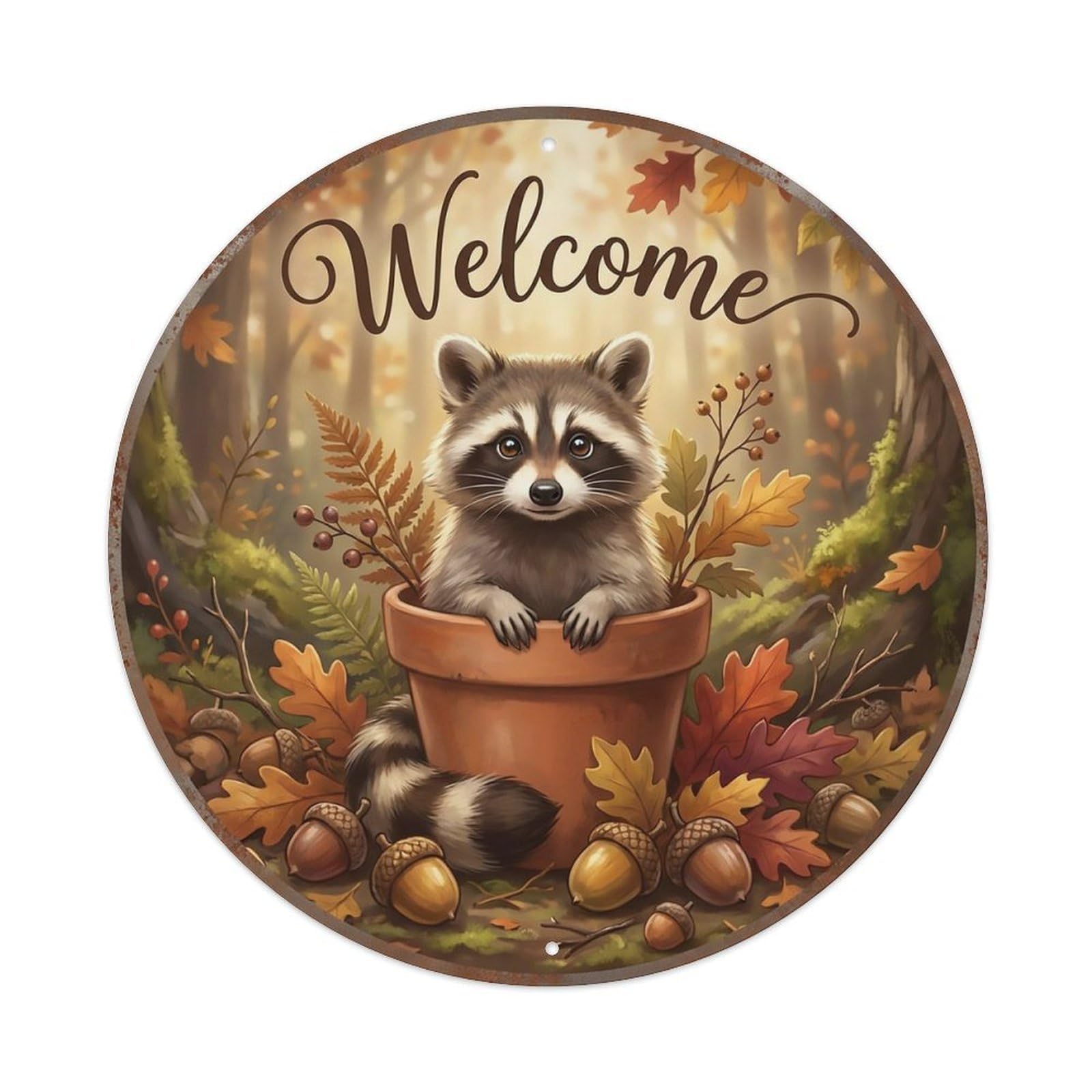 Welcome Raccoon Autumn Acorns Metal Tin Sign