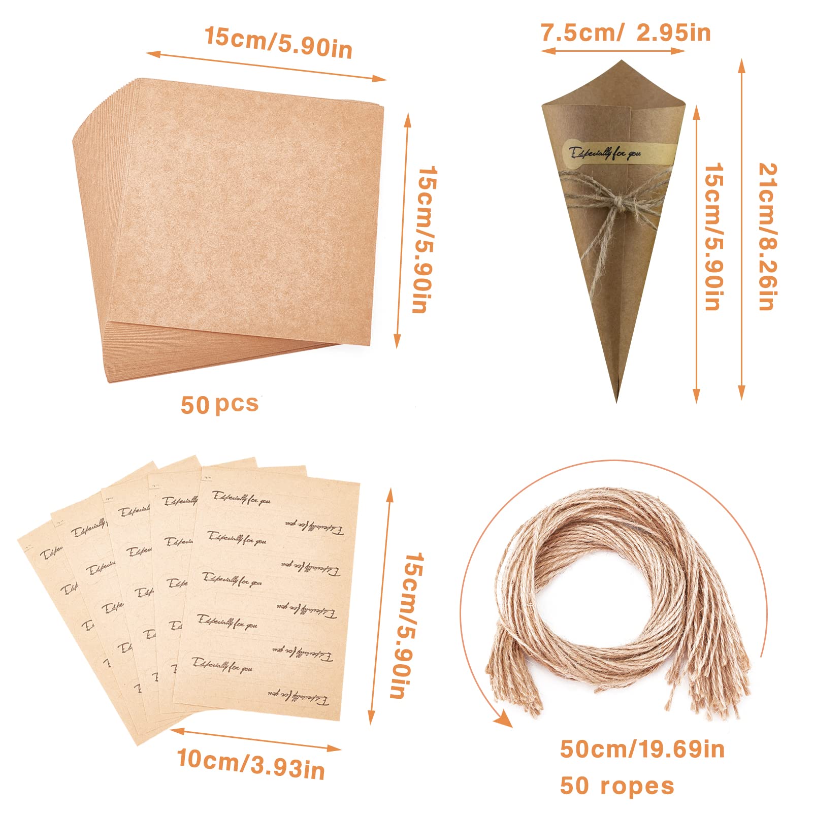 50 Cônes Mariage En Papier Kraft – Lot 50 Pièces Avec Corde, Étiquettes & Ruban Double Face – Idéal Confettis, Fleurs Séchées & Mini Bouquets