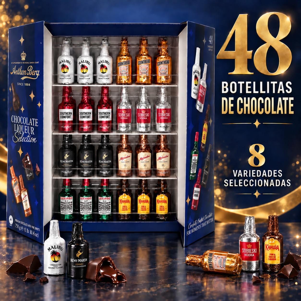Cia&Co x Anthon Berg + Jamón Serrano - Botellitas de Chocolate Rellenas de Licor · 64 Bombones con Licor - 1 Kg + Degustación de Jamón Serrano Premium Gran Reserva + Tarjeta Personalizada