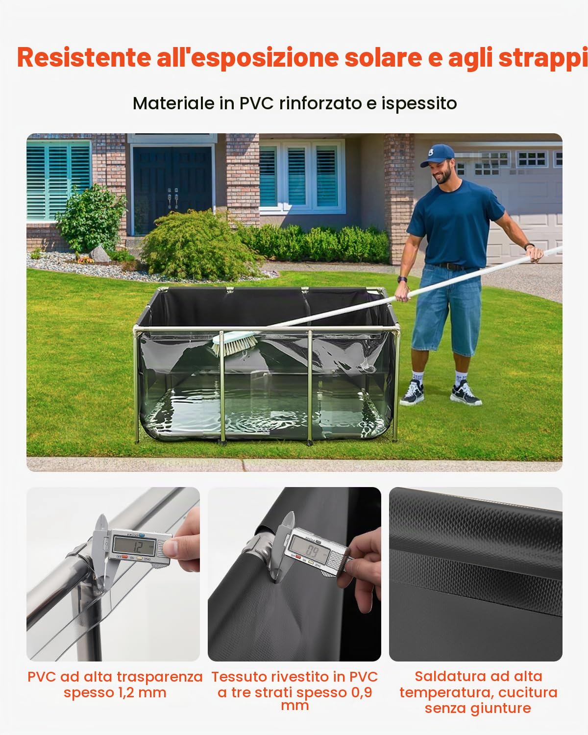 VEVOR Tela Peschiera Fuori Terra, con Pannello di Visualizzazione Trasparente, Rettangolare Pesci Rossi con Telaio in Acciaio Inox, Valvola di Scarico, per Allevamento Carpa, Nero 1023,3 L
