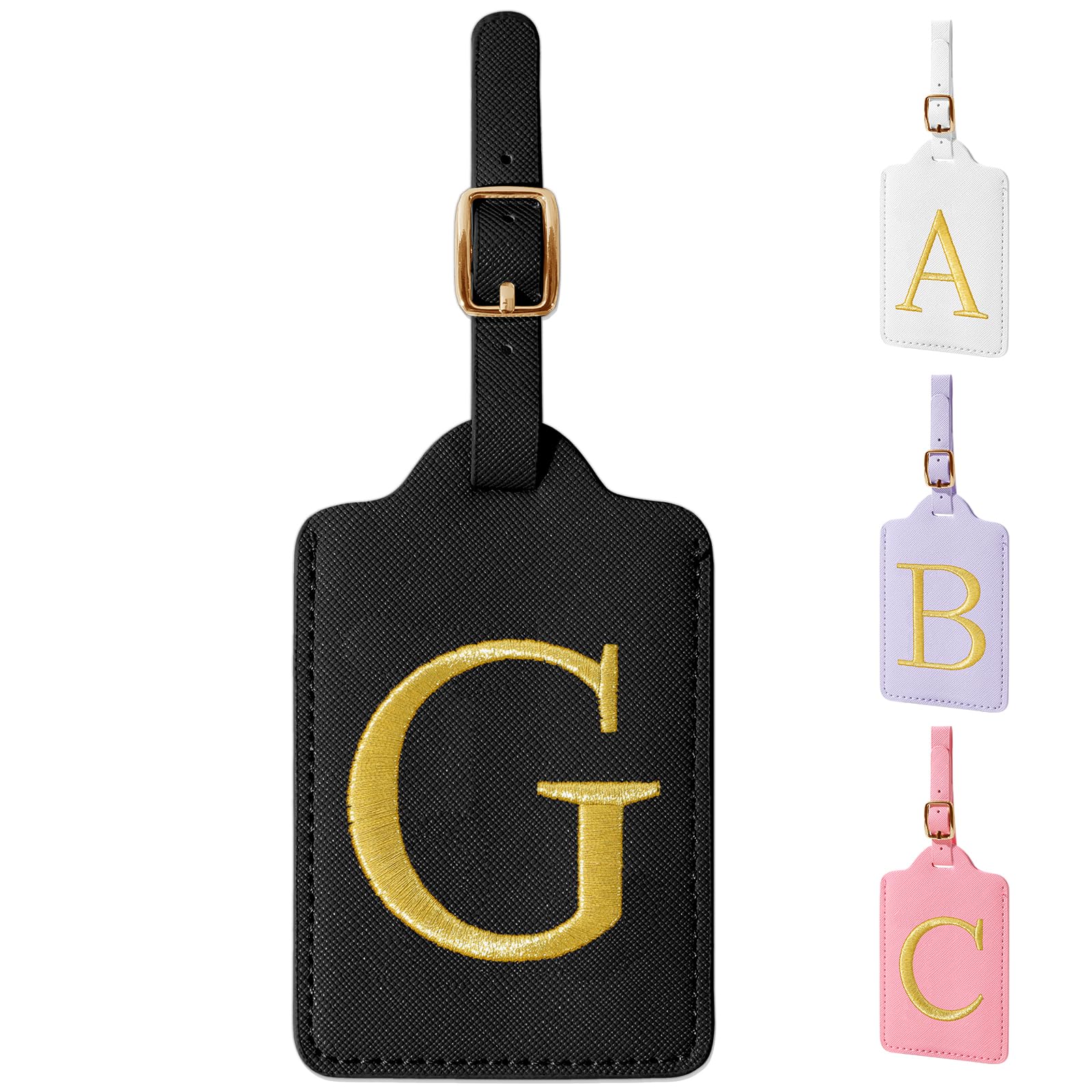 Personalized Initial Luggage Tags for Suitcase TSA Approved, Black Leather Cute Luggage Tag with Privacy Cover Name Card, Embroidered Custom Luggage