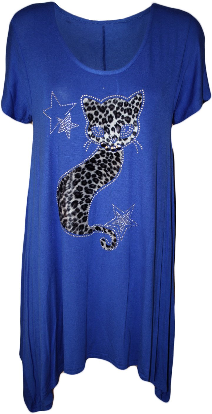 WearAll Womens Plus Size Cat Stud Short Sleeve Ladies Hanky Hem T-Shirt Tunic Top - Blue - 14