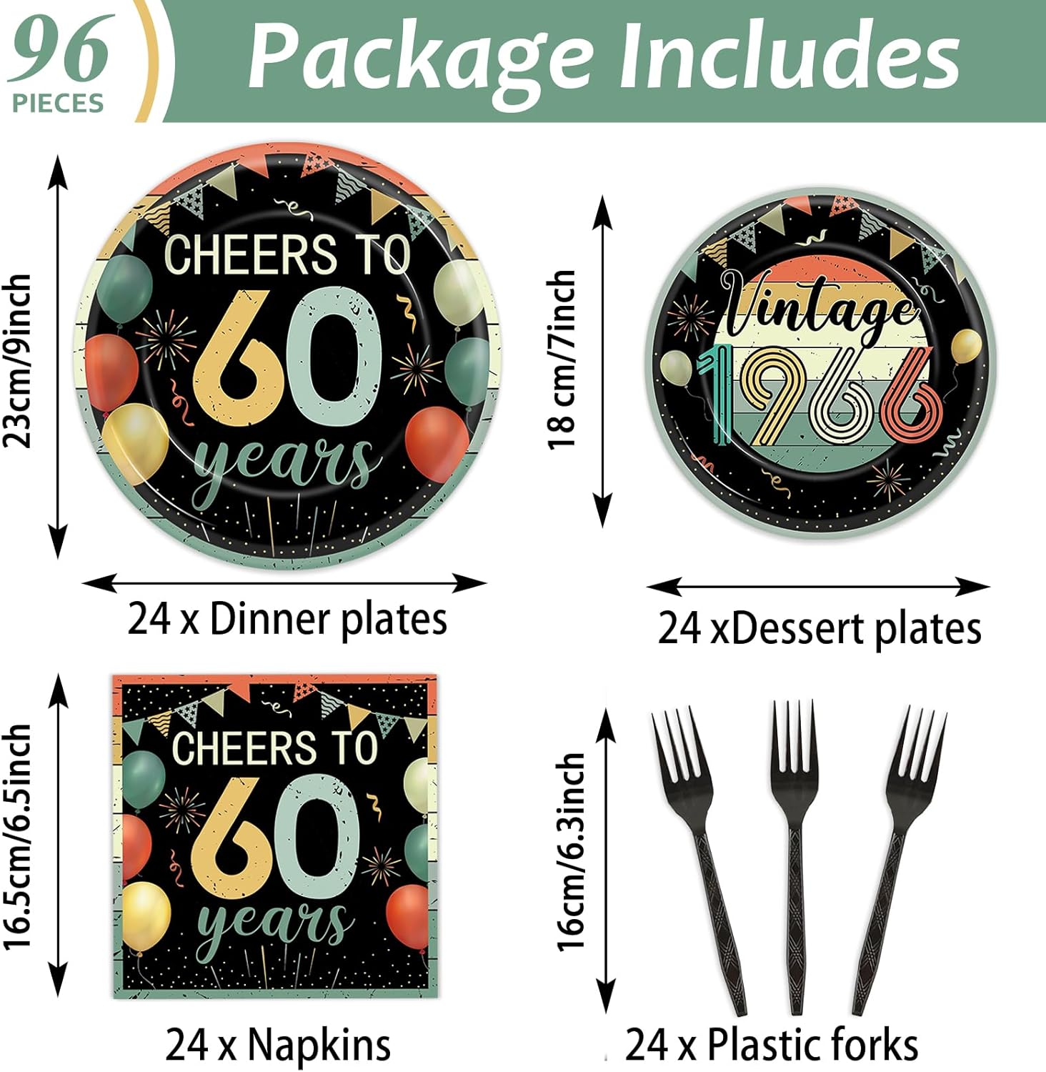96Pcs Vintage 60th Birthday Plates and Napkins Back in 1966 Theme Party Decorations Supplies Cheers to 60 Years Disposable Tableware Set for Women Men 60th Birthday Party Favor Serve 24