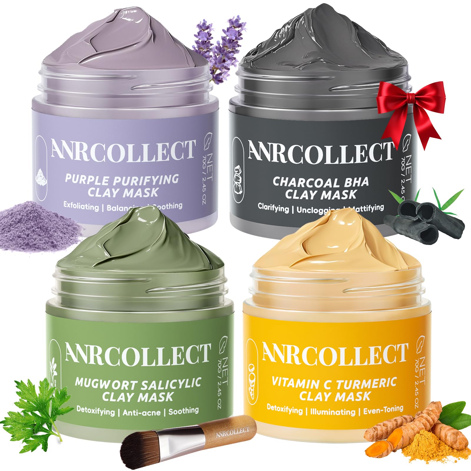 ANRCOLLECT Face Mask Set, 4Pcs Clay Mask, Face Masks Skin Care with Vitamin C, Charcoal, Mugwort and Purple Clay, Skincare Gift Set for Blackheads Refining Pores & Controling Oil, Valentines Day Gifts