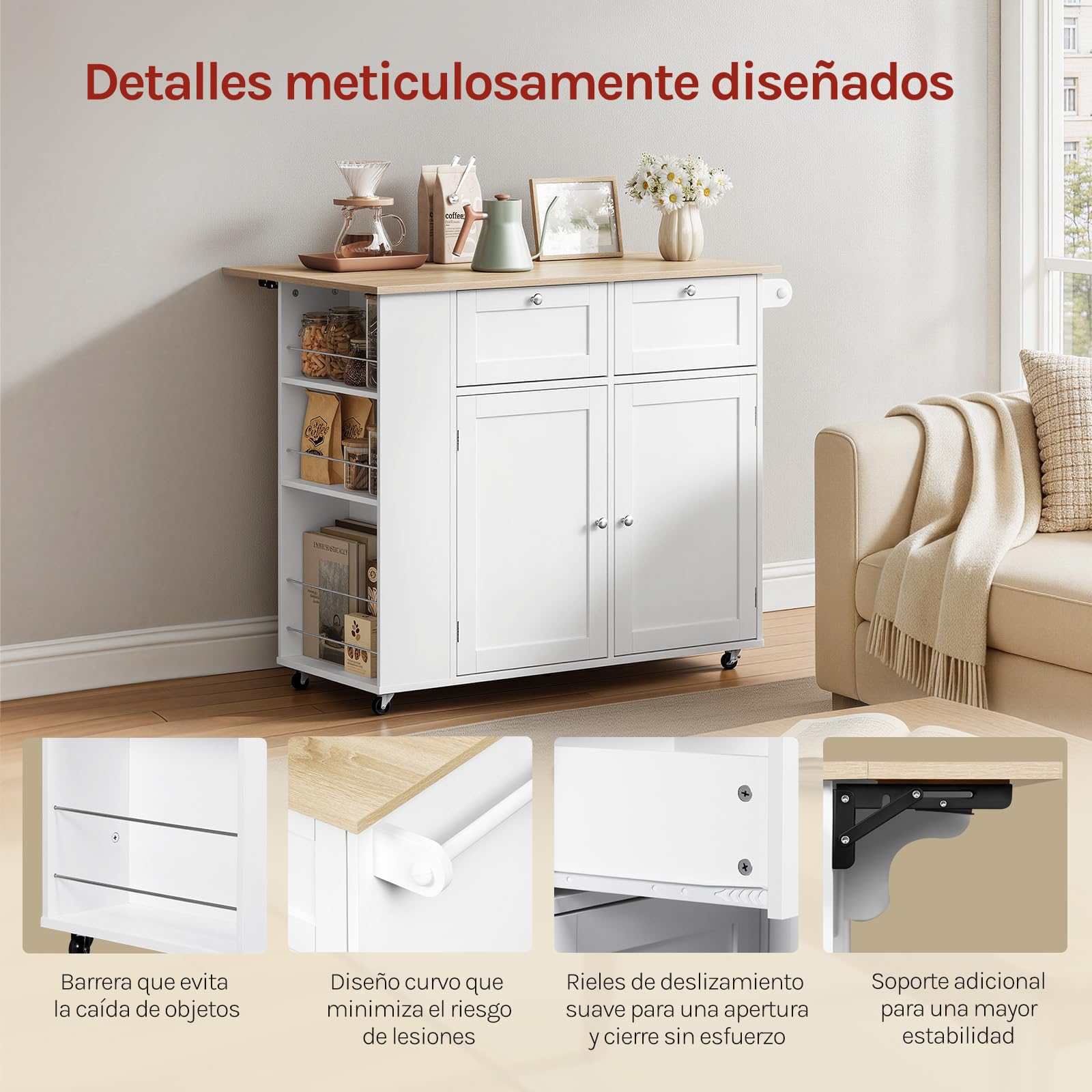 WOLTU Isla de Cocina con Ruedas, Carrito con Encimera Plegable y Estante Lateral, Aparador de Madera con 2 Cajones, 2 Puertas y 1 Toallero, para Cocina, Comedor, Roble Claro + Blanco