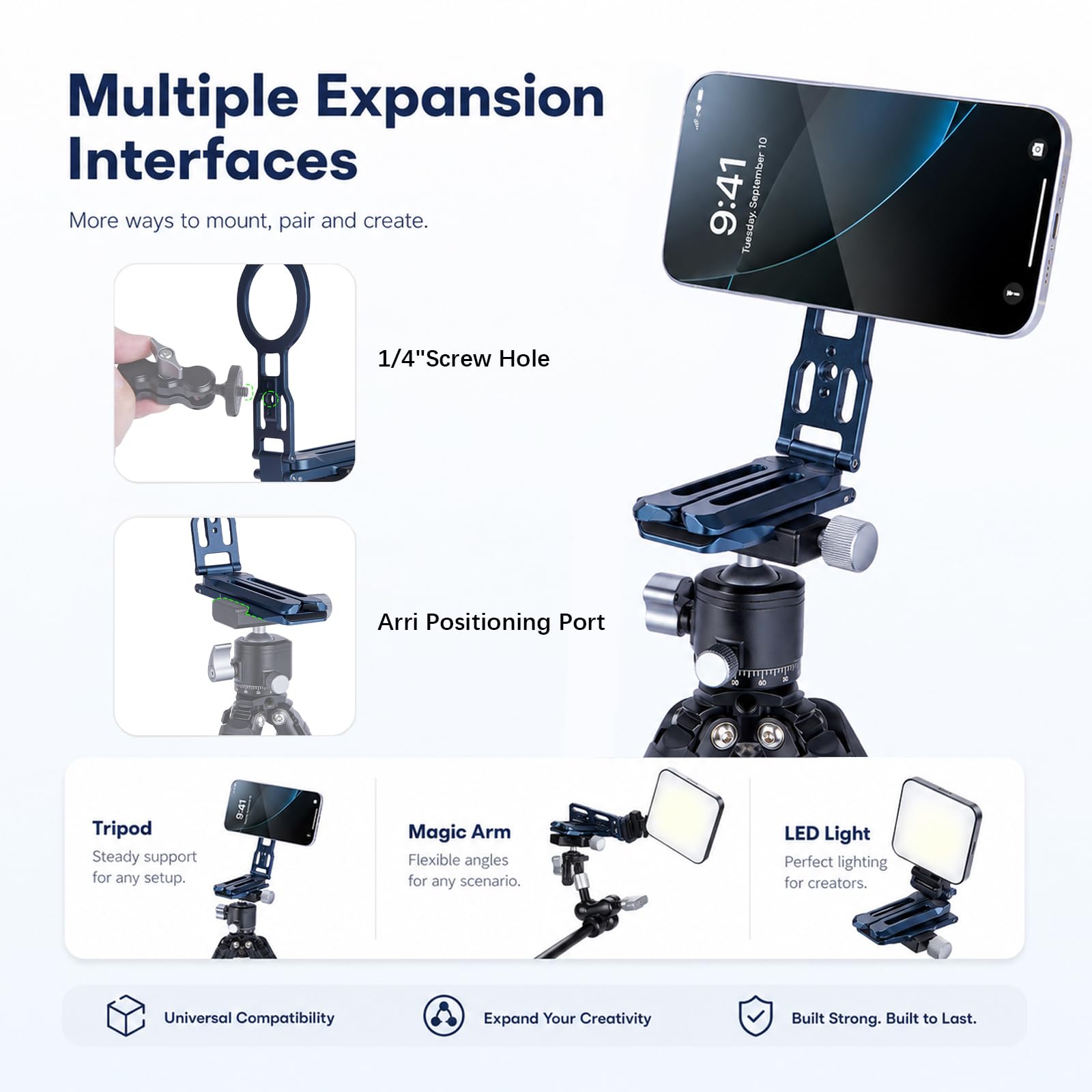 Supporto Magnetico per Smartphone con Gancio Nascosto, Pieghevole/in Alluminio Treppiede Smartphone, Treppiede Magnetico per telefono, Compatibile con iPhone 17-12 e attacco Arca-Swiss