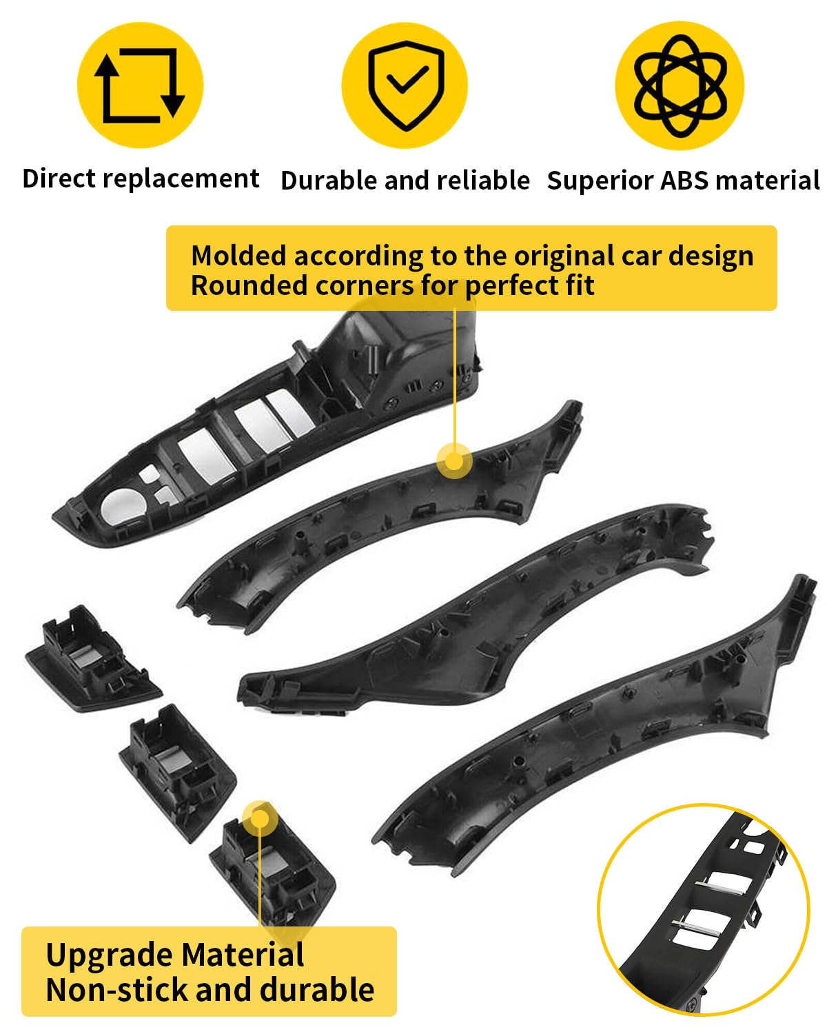 7-teiliges Türgriff-Set für BMW 5er F10 F11 520 530, Fensterschalter-Armlehne auf der Fahrerseite + Beifahrertür-Zuggriff + Fensterschalter-Abdeckungen für 523 525 528 535 (2010–2016)–Schwarz