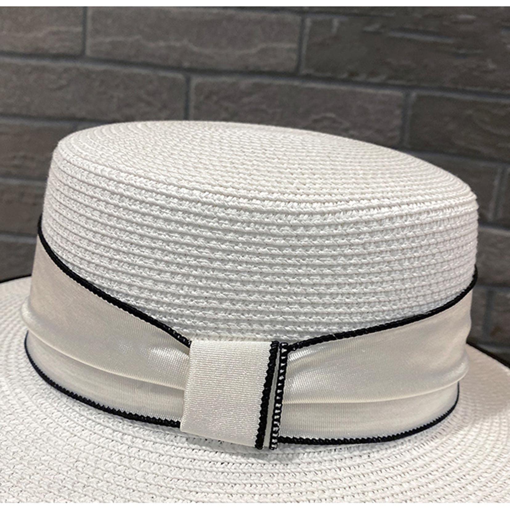 Frauen Vintage Strohhut Boater Hut Verstellbarer Sommer Flat Top Fedora Hut mit Bandband khaki-56-58cm
