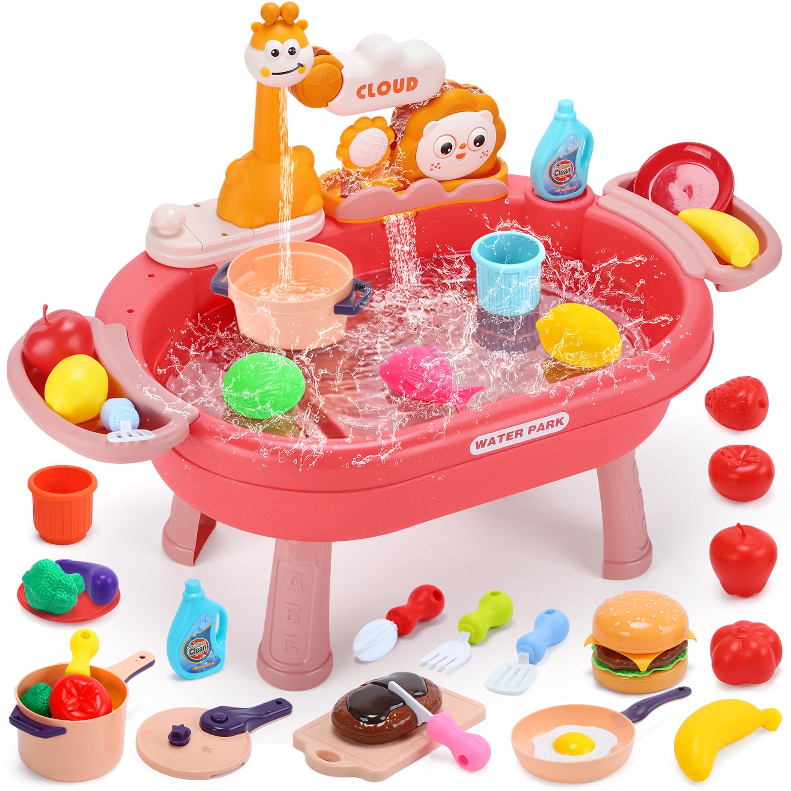 CUTE STONE Kitchen Sink Toy with Running Water, Pretend Play Sink Set with Functional Faucet, Play Food, Pots & Pans Accessories, Water Table Toy Gift for Toddlers and Kids